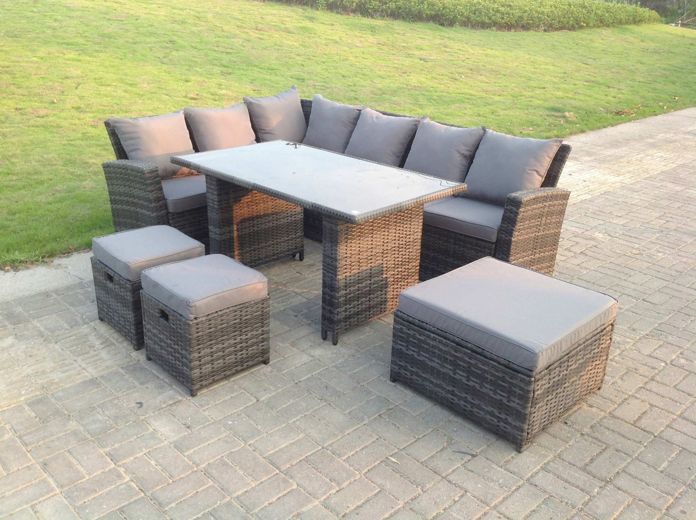 Fimous Black 9 Seater High Back Rattan Garden Furniture Set Corner Sofa With Tempered Dining Table 3 Footstool