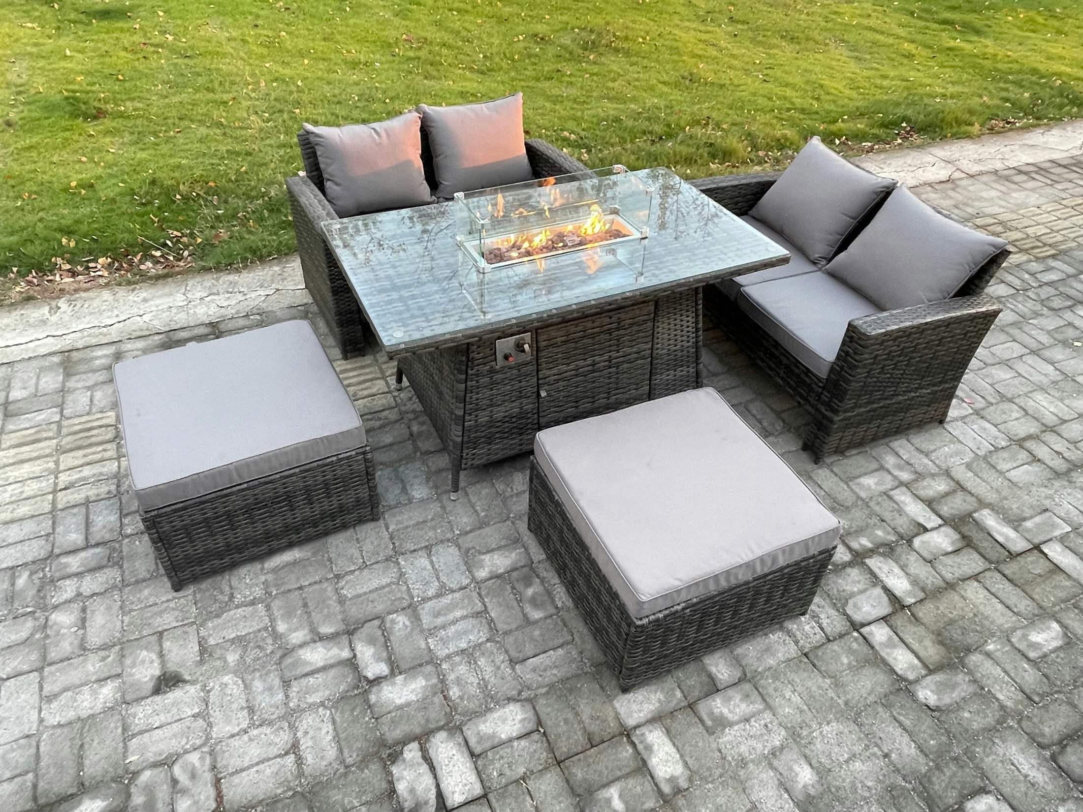 Rackhams 5 Pieces Garden Furniture Sets Poly Rattan Outdoor Patio Gas Fire Pit Dining Table Sofa Set With 2 Big Footstool