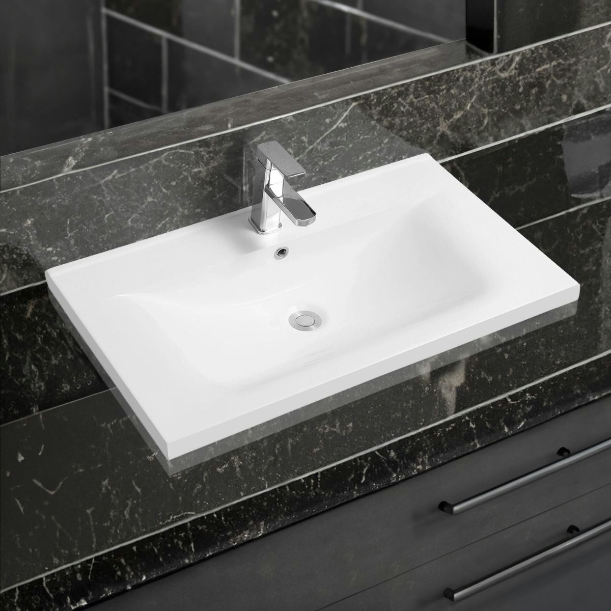 Rackhams White 5089 Ceramic 81Cm Thin-Edge Inset Basin With Dipped Bowl - Ceramic - 81Cm