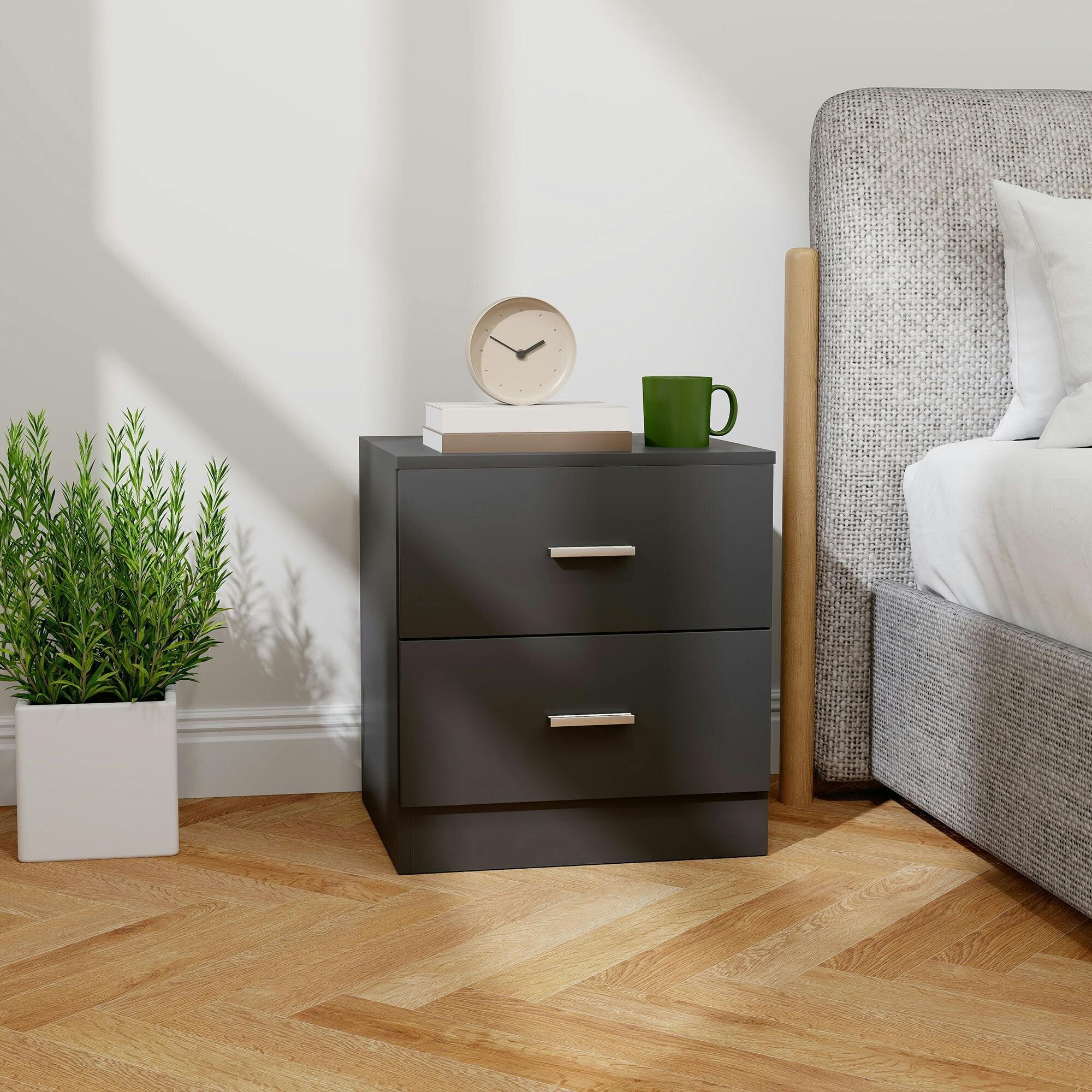 Rackhams Black Bedside Table, Nightstand With 2 Drawers, Modern Side Table, - 49
