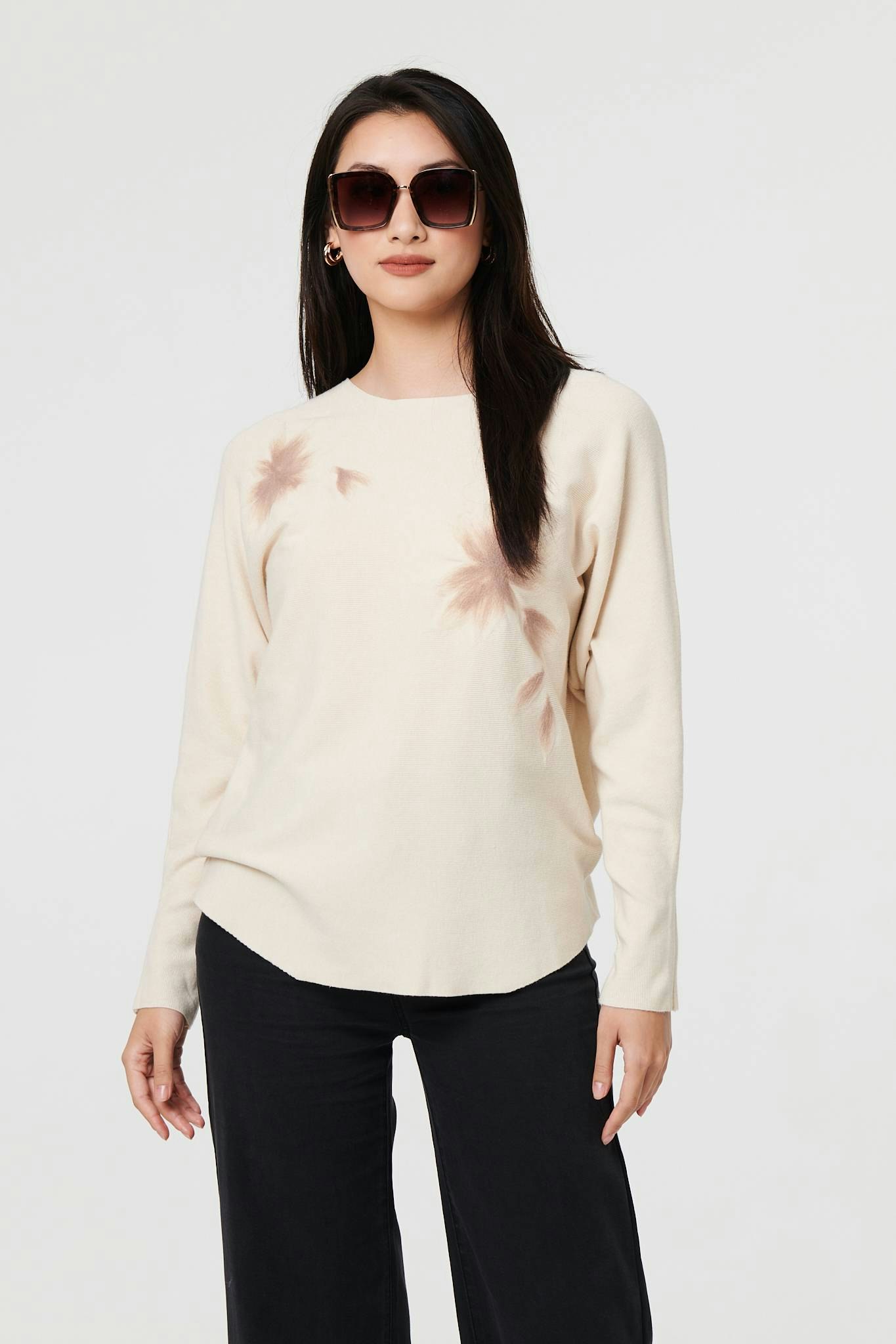 Izabel London Beige Floral Relaxed Batwing Sleeve Jumper - S/M