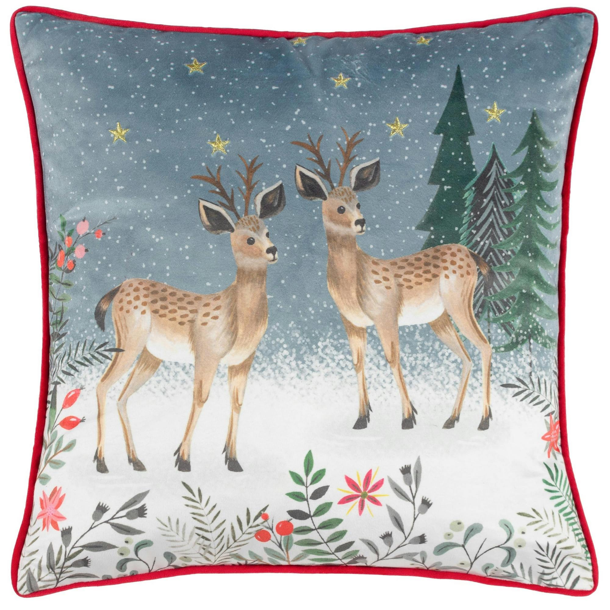 Furn Ditsy Festive Piped Velvet Reindeer Cushion Cover - Multicoloured - 45Cm X 45Cm - Multicoloured - 100% Polyester