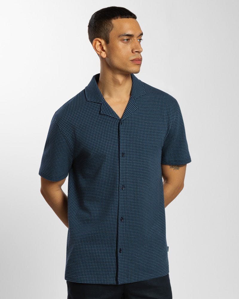Steel & Jelly Blue Dotted Jacquard Short Sleeve Shirt - Xl