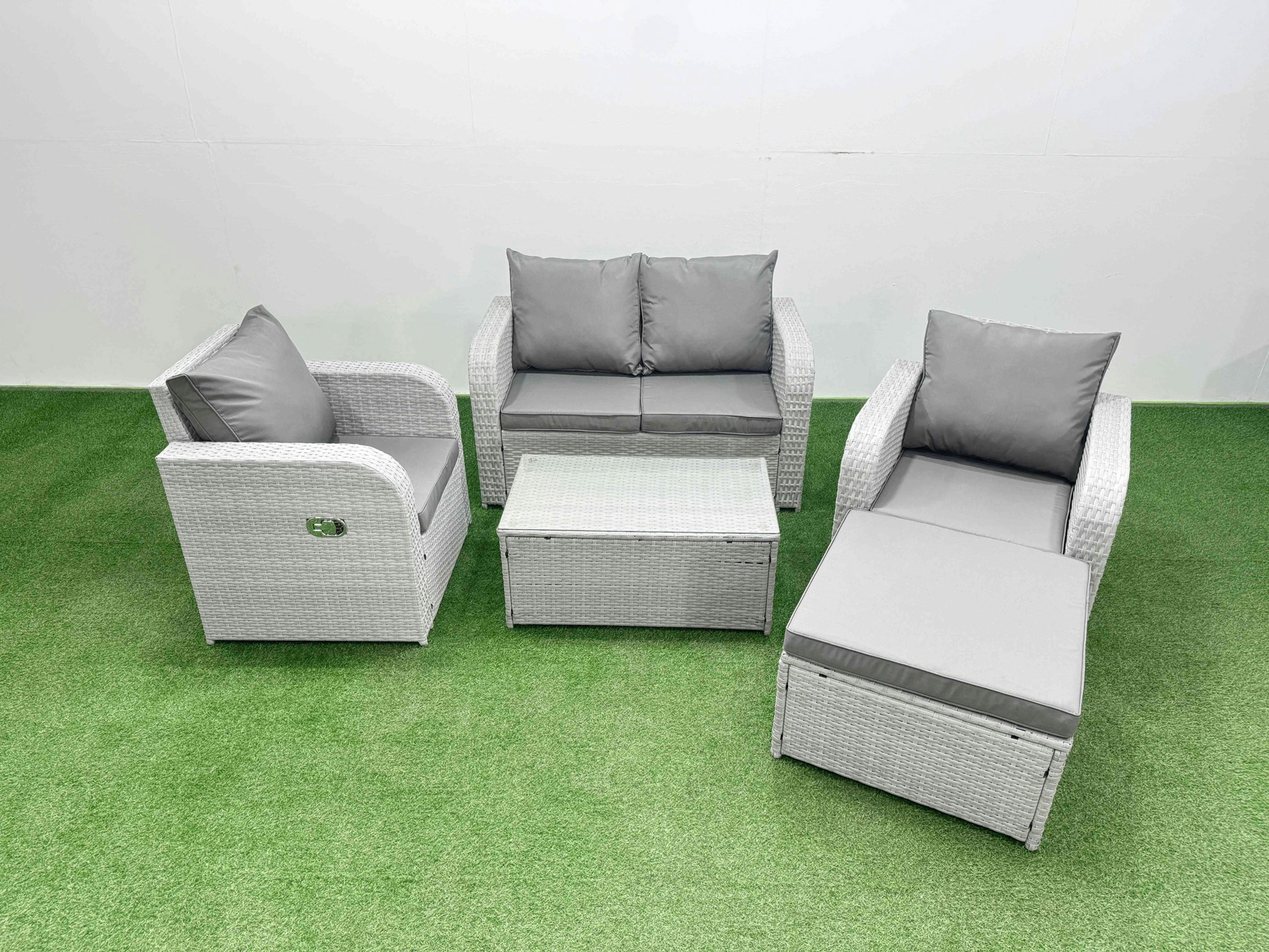 Fimous Light/Grey Pe Wicker Rattan Garden Furniture Set Sofa Set Reclining Adjustable Chair Rectangular Coffee Table 5 Seater With Footstool