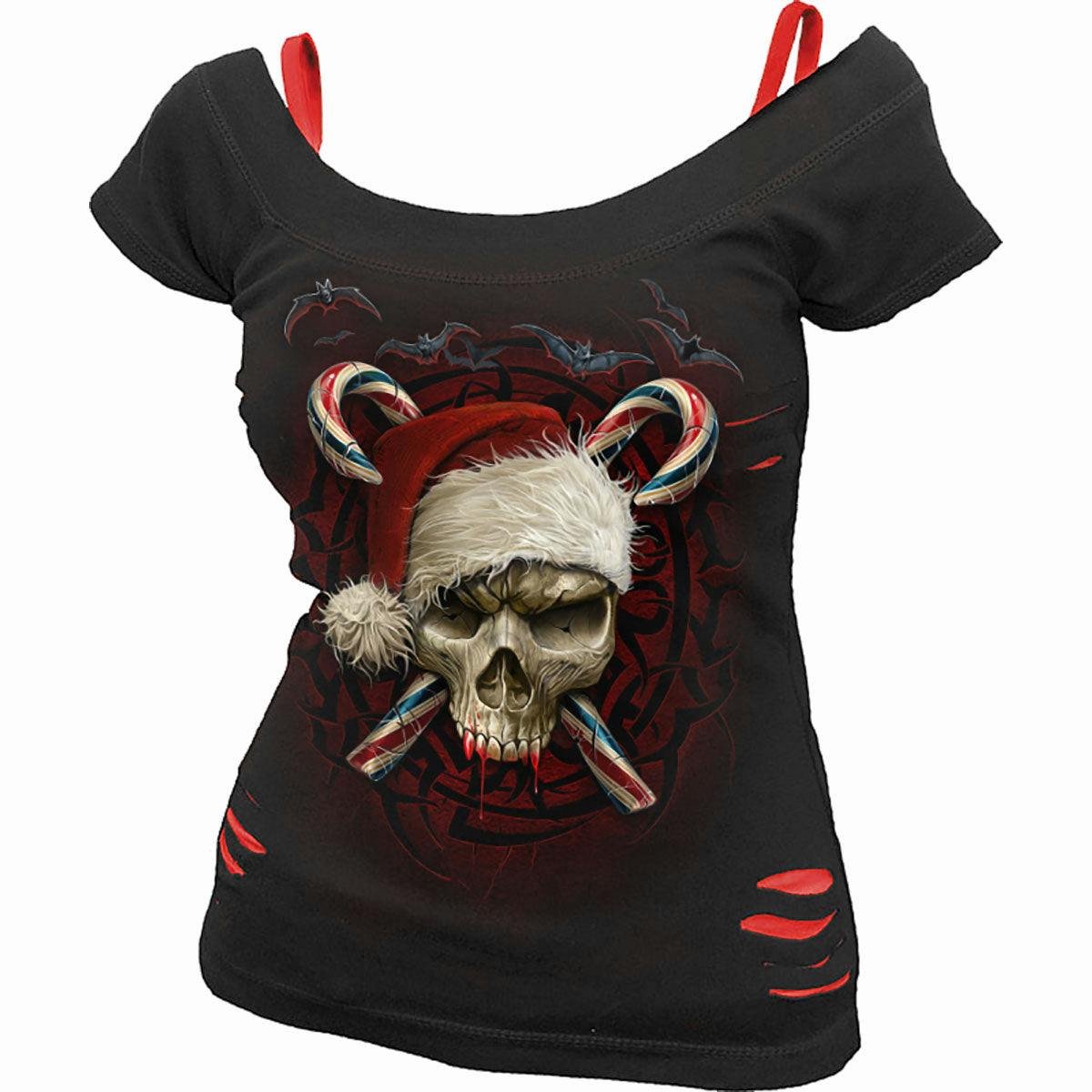 Spiral Direct Red/Black Candy Cane Santa - 2In1 Ripped Top - Xl - Digital - Digital