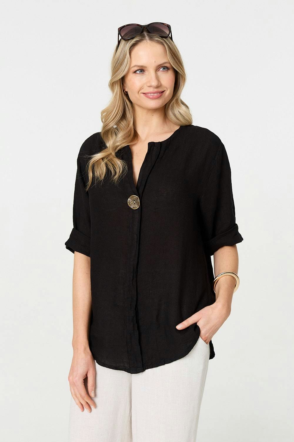 Izabel London Black Button Detail 1/2 Sleeve V-Neck Blouse - 8