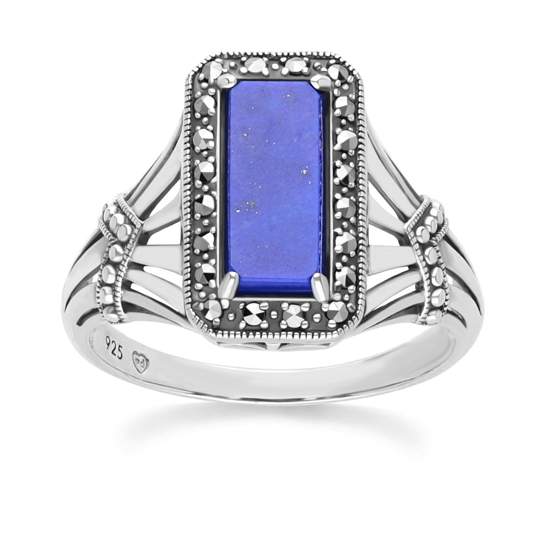 Gemondo Silver Art Deco Style Octagon Lapis Lazuli And Marcasite Ring In Sterling - O