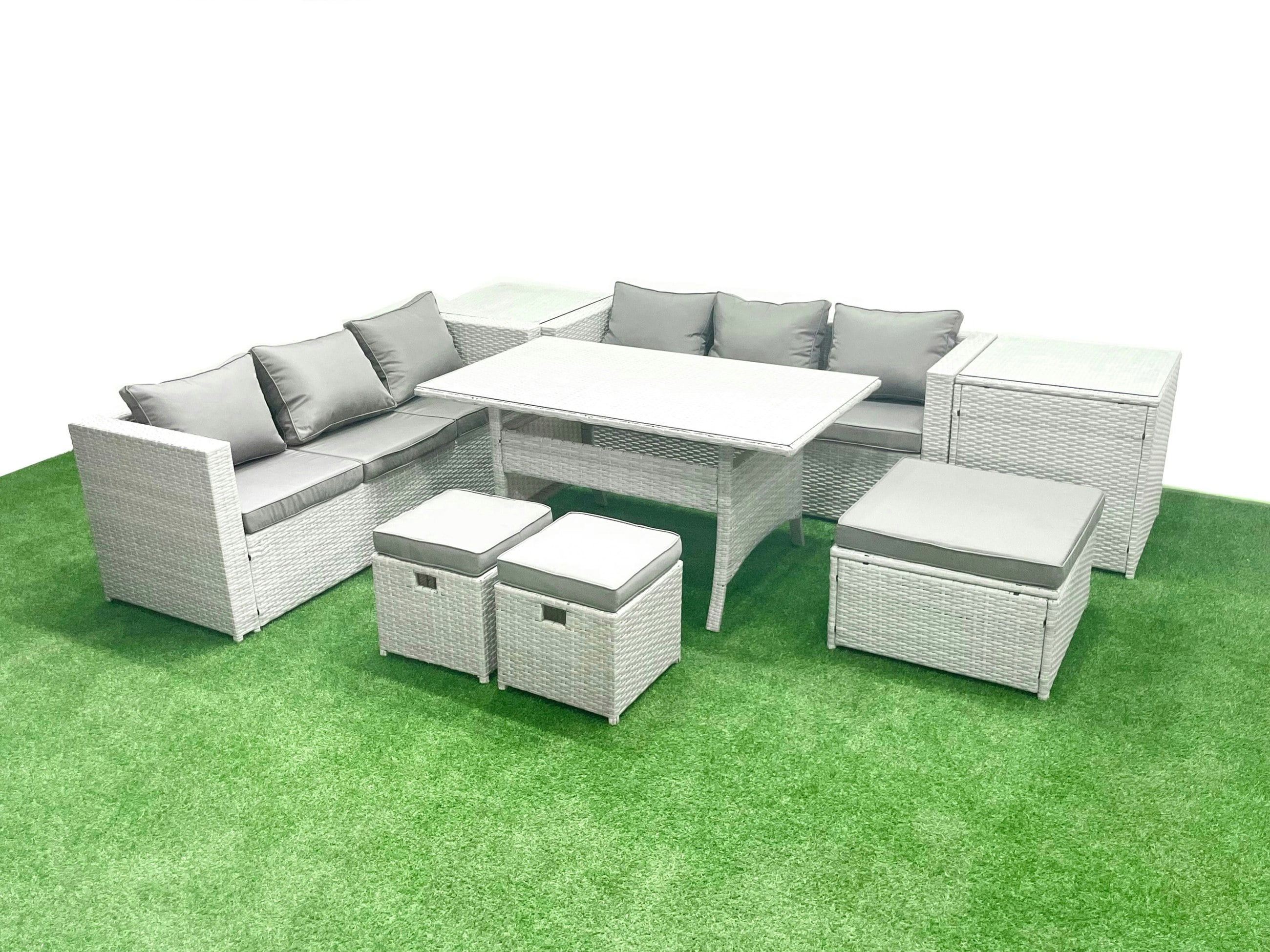 Rackhams Light/Grey Rattan Garden Furniture Set 9 Seater Outdoor Sofa Set With Dining Table 2 Side Tables 3 Footstools Mixed
