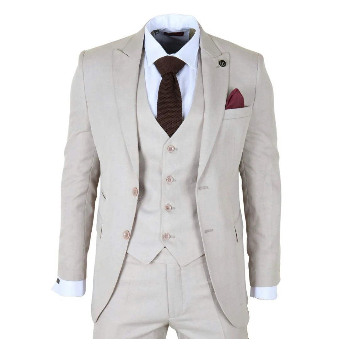 Truclothing Men's Cream Im1 - Classic Plain 3 Piece Suit - 46" Jacket 40" Trousers