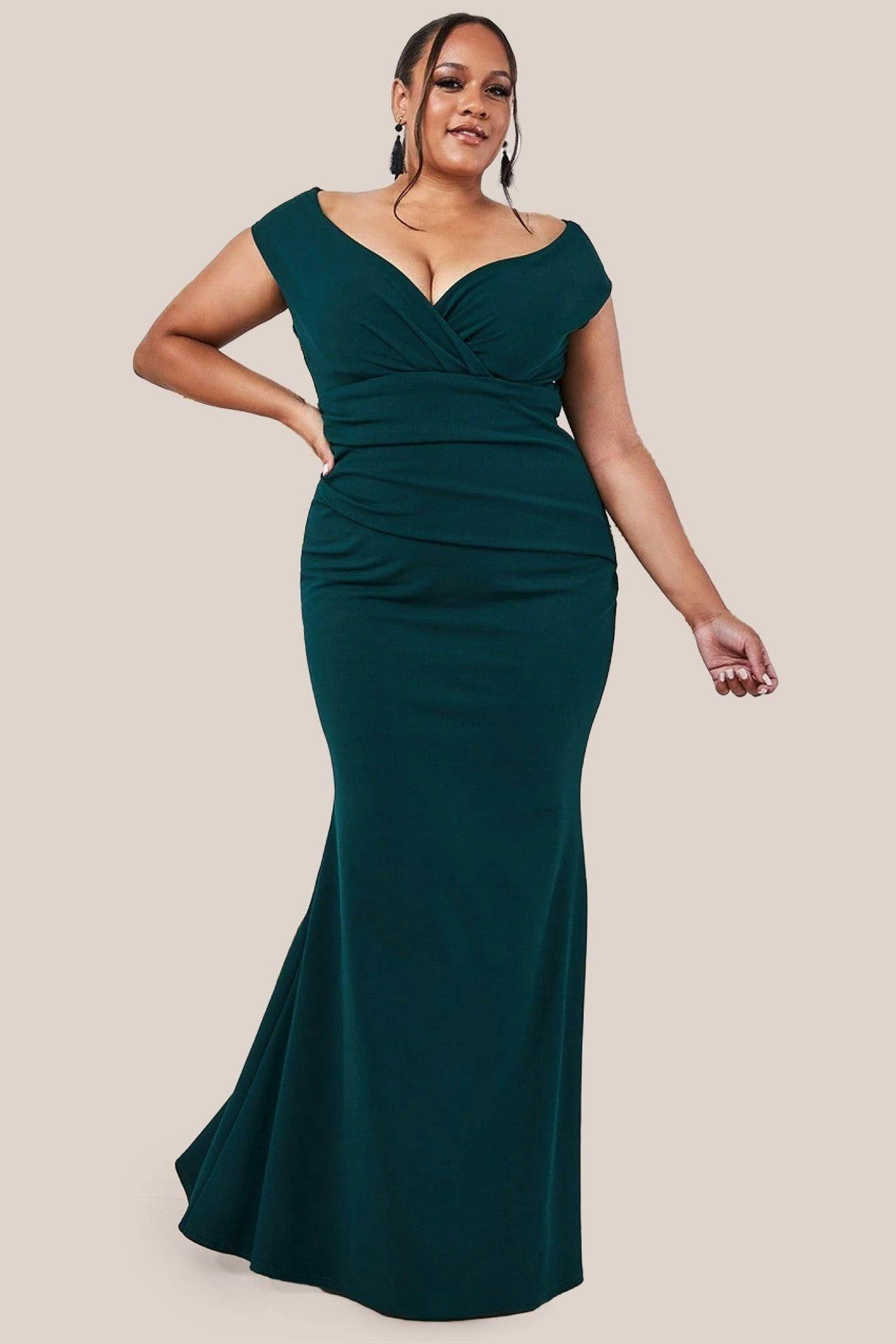 Goddiva Plus Green Bardot Pleated Maxi Dress - Emerald By - Emerald - 18