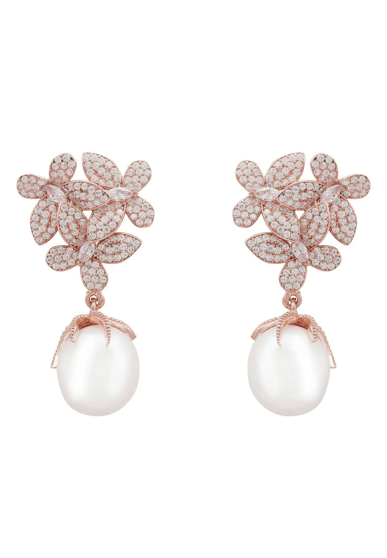 Latelita White Flowers Pearl Earrings Rosegold