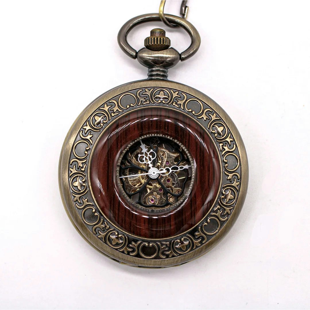 Truclothing Mechanical Skeleton Half Hunter Vintage Wooden Pocket Watch
