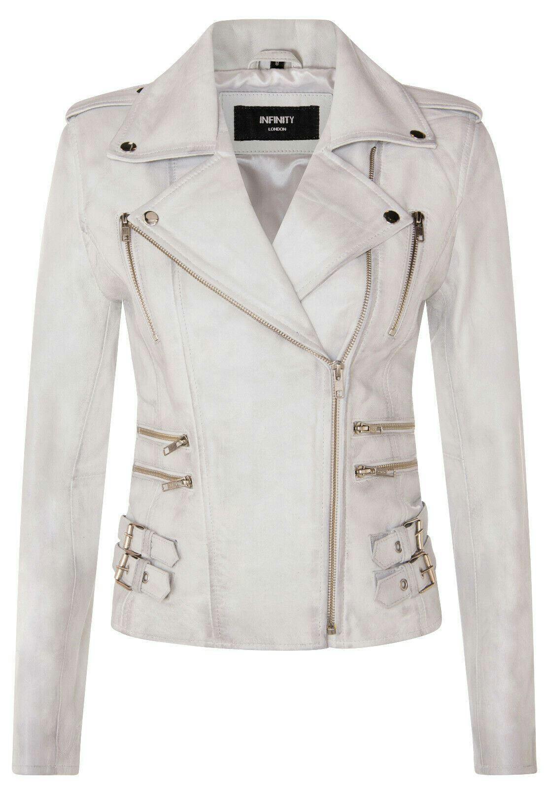 Infinity Leather Women's White Leather Brando Biker Jacket-Loddon - Uk 2XL/18 | Eu 44 | Us 14