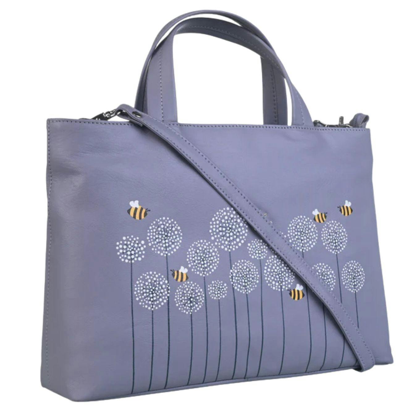 Mala Leather Grey Moonflower Bee & Flowers Multiway Leather Grab Bag