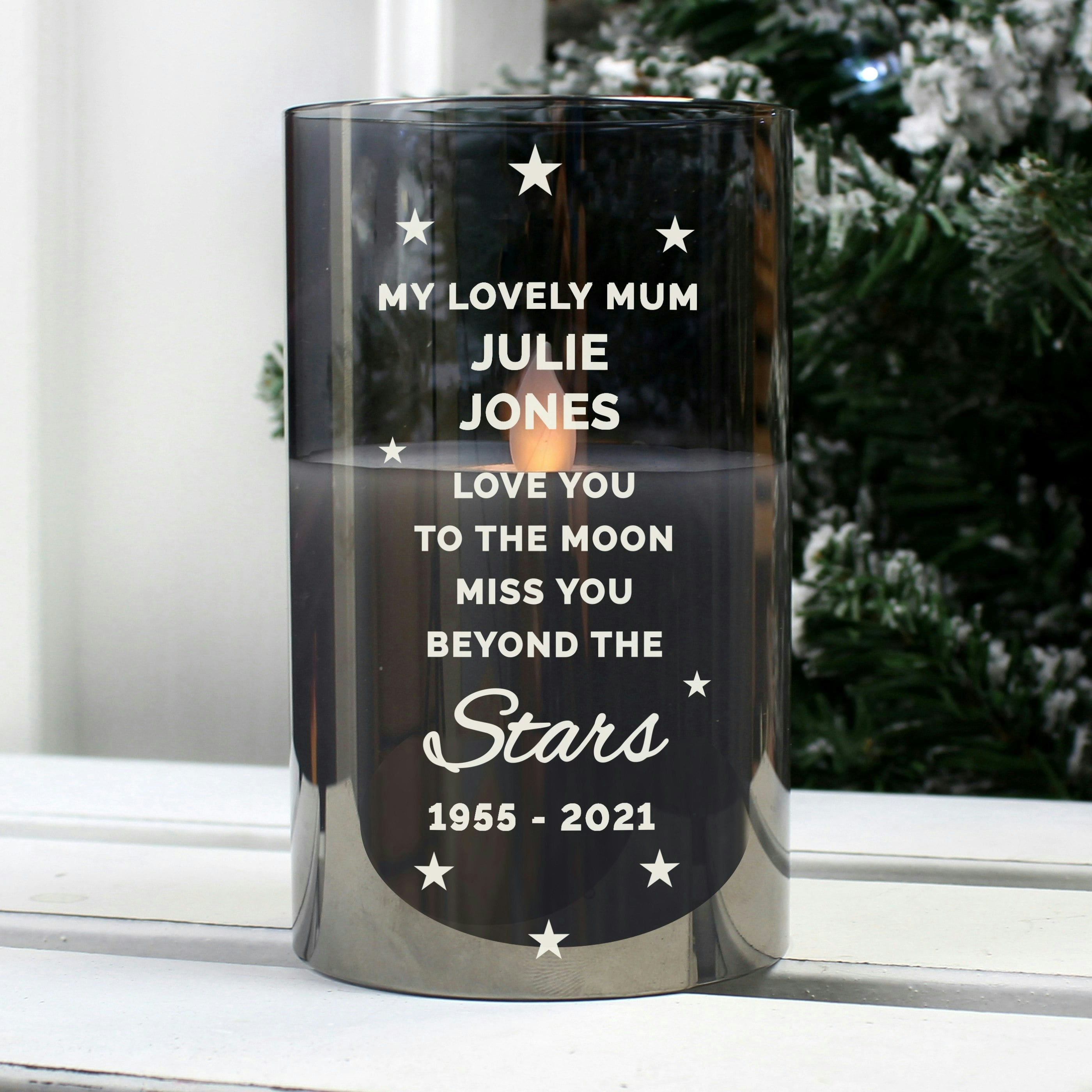Personalised Memento Company Personalised Miss You Beyond The Stars Smoked Glass Led Candle