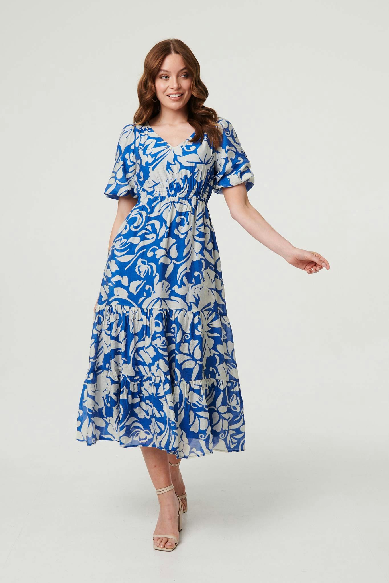 Izabel London Blue Floral Puff Sleeve Tiered Midi Dress - 16