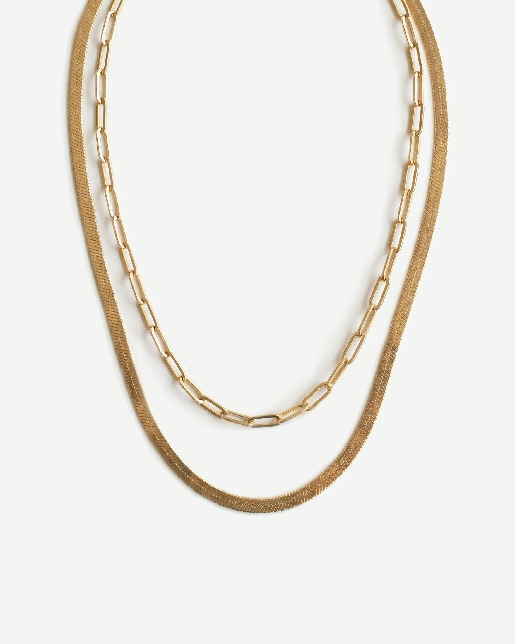 Elk & Bloom Gold Double Chain Set - Herringbone & Paperclip Choker 14K - No Thank You
