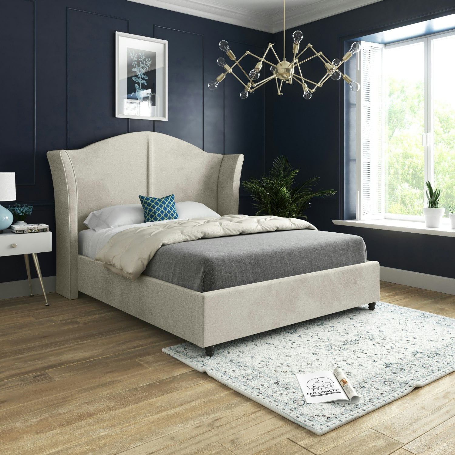 Rackhams Blue/Silver Volta Straight Winged Upholstered Soft Velvet Bed Frame - King