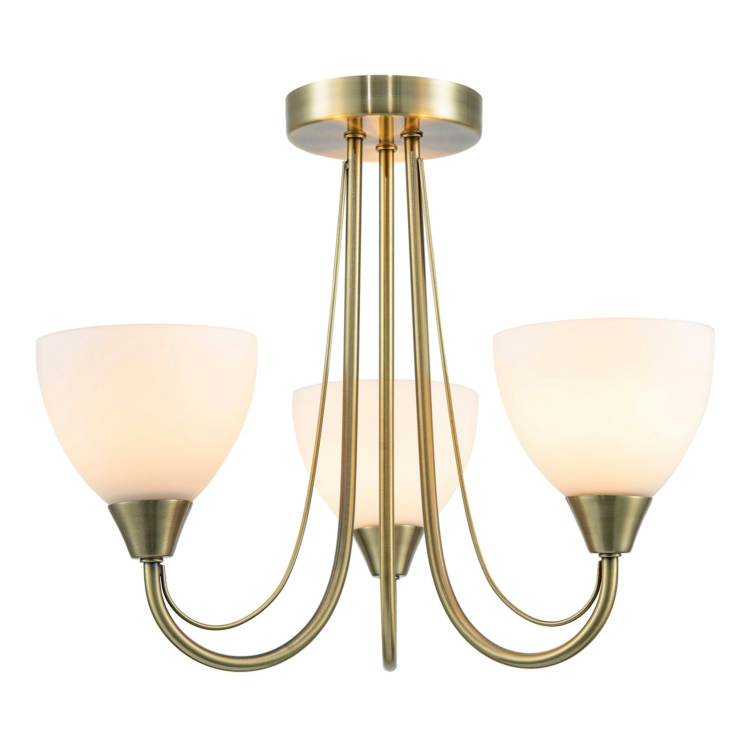 Happy Homewares Light/White Designer Antique Brass Three Arm Ceiling With Opal Glass Shades