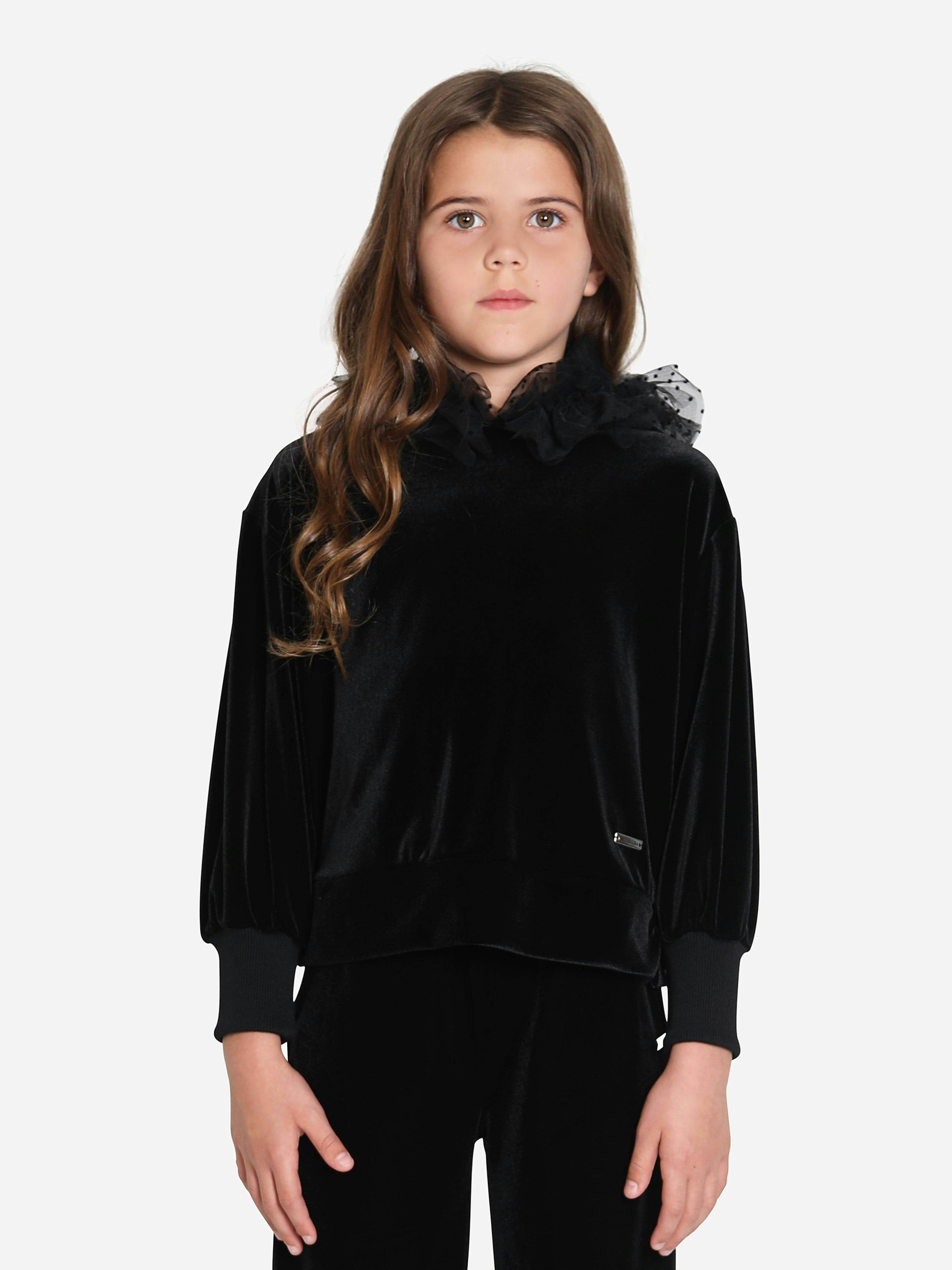 Monnalisa Girls Black Velvet Tulle Hoodie In - 8 Yrs