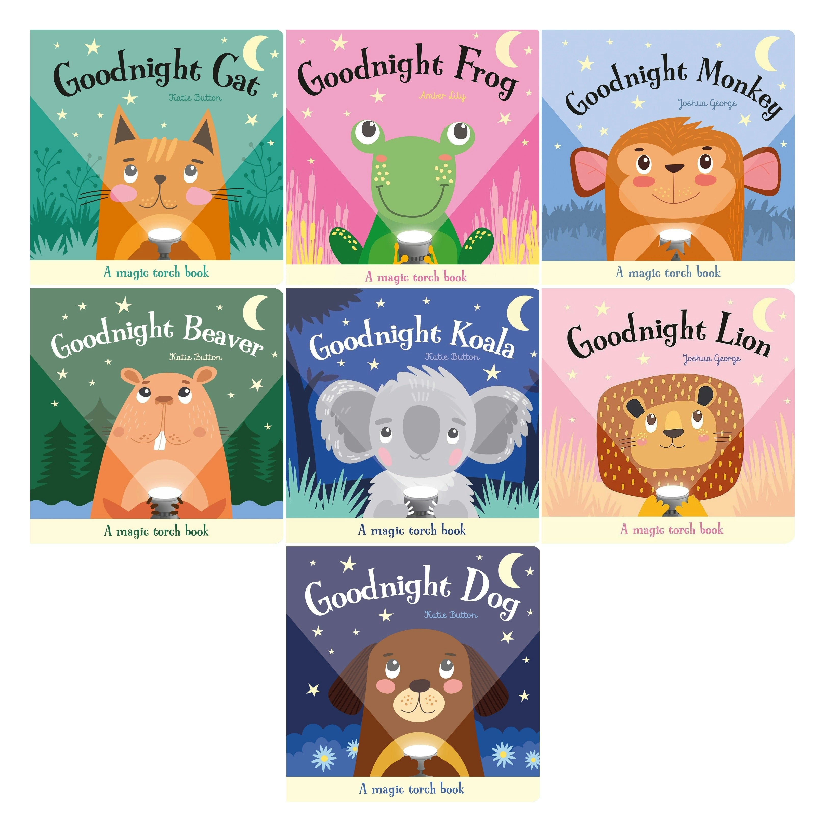 Imagine That Publishing Ltd Magic Torch Book Series 7 Book Set (Goodnight Dog, Goodnight Frog, Goodnight Lion, Goodnight Bear, Goodnight Monkey, Goodnight Cat, Goodnight Beaver)