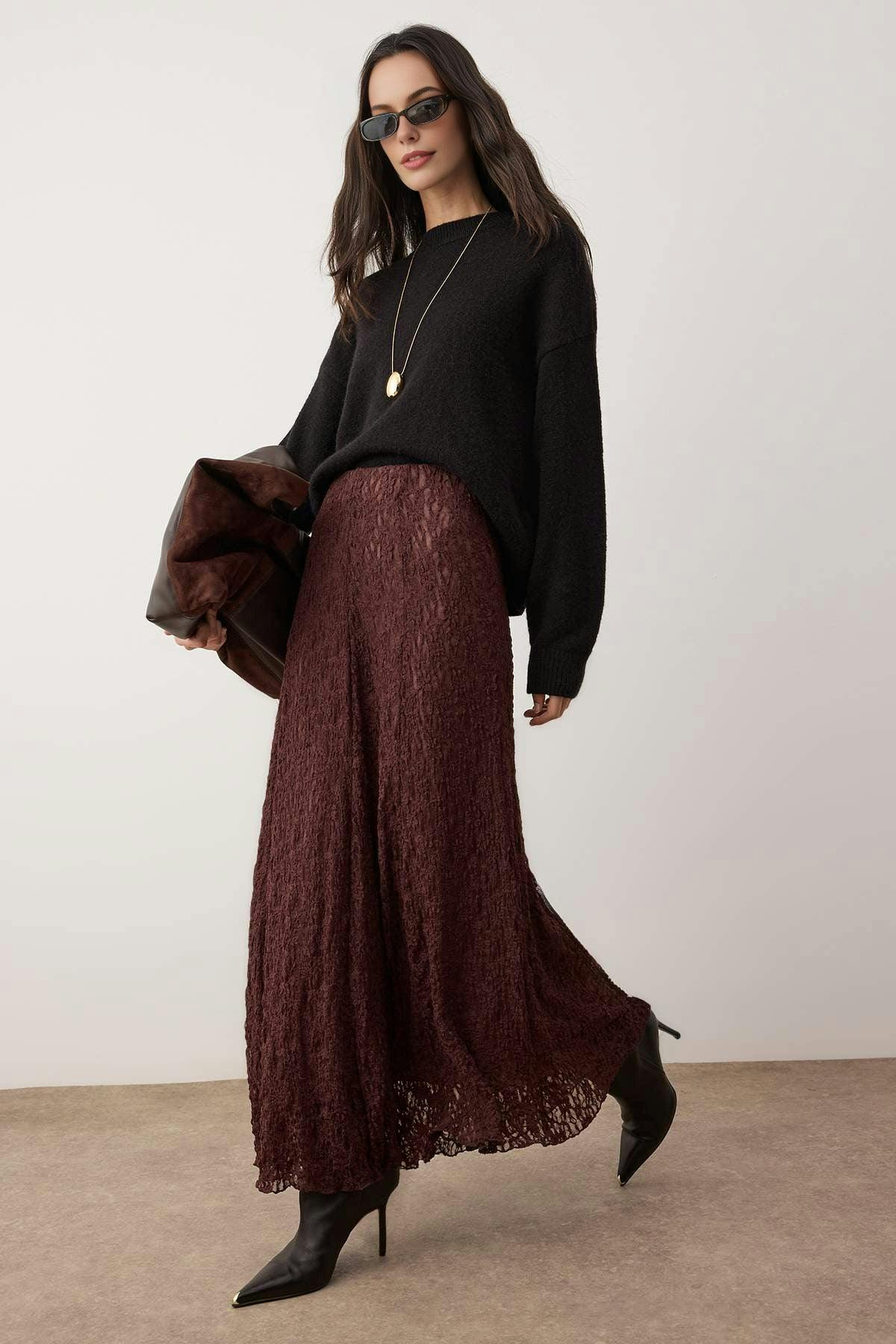 Wovcor Brown Lined Lace Fabric Knitted Skirt - Xs