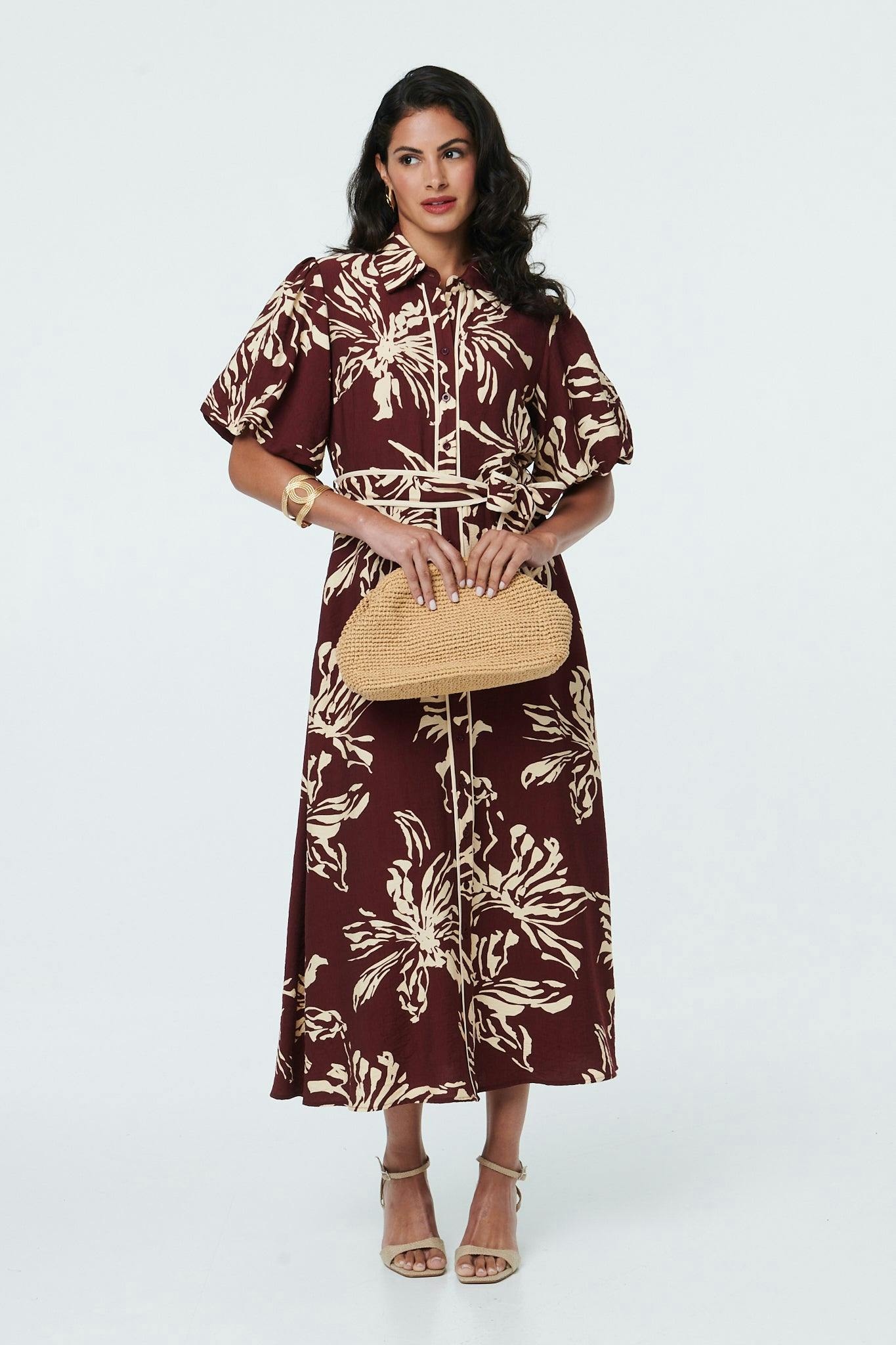 Izabel London Burgundy Floral Puff Sleeve Midi Shirt Dress - 10