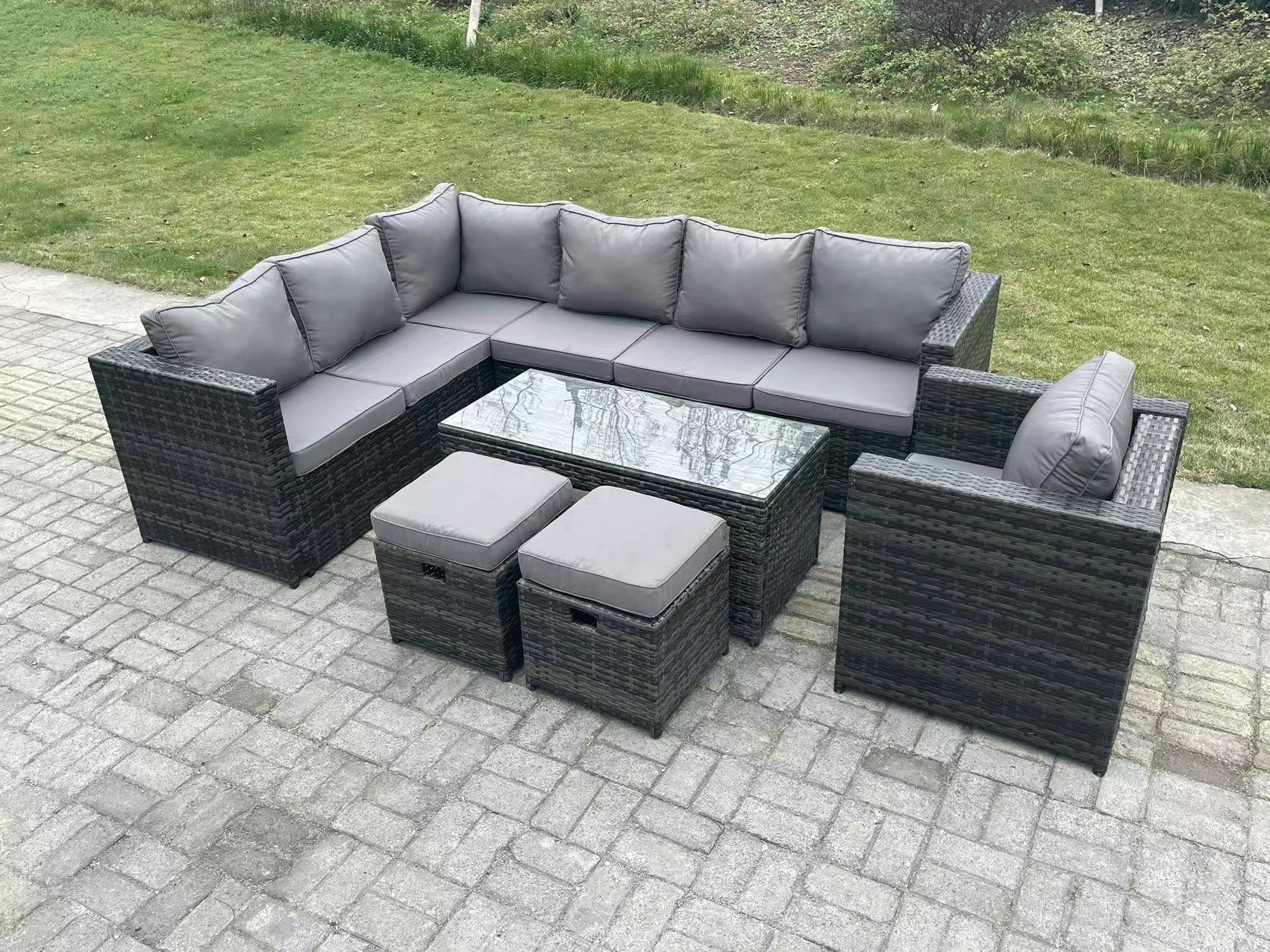 Fimous Dark/Grey 9 Seater Rattan Corner Sofa Lounge Sofa Set With Rectangular Coffee Table 2 Stool Mixed Left Hand