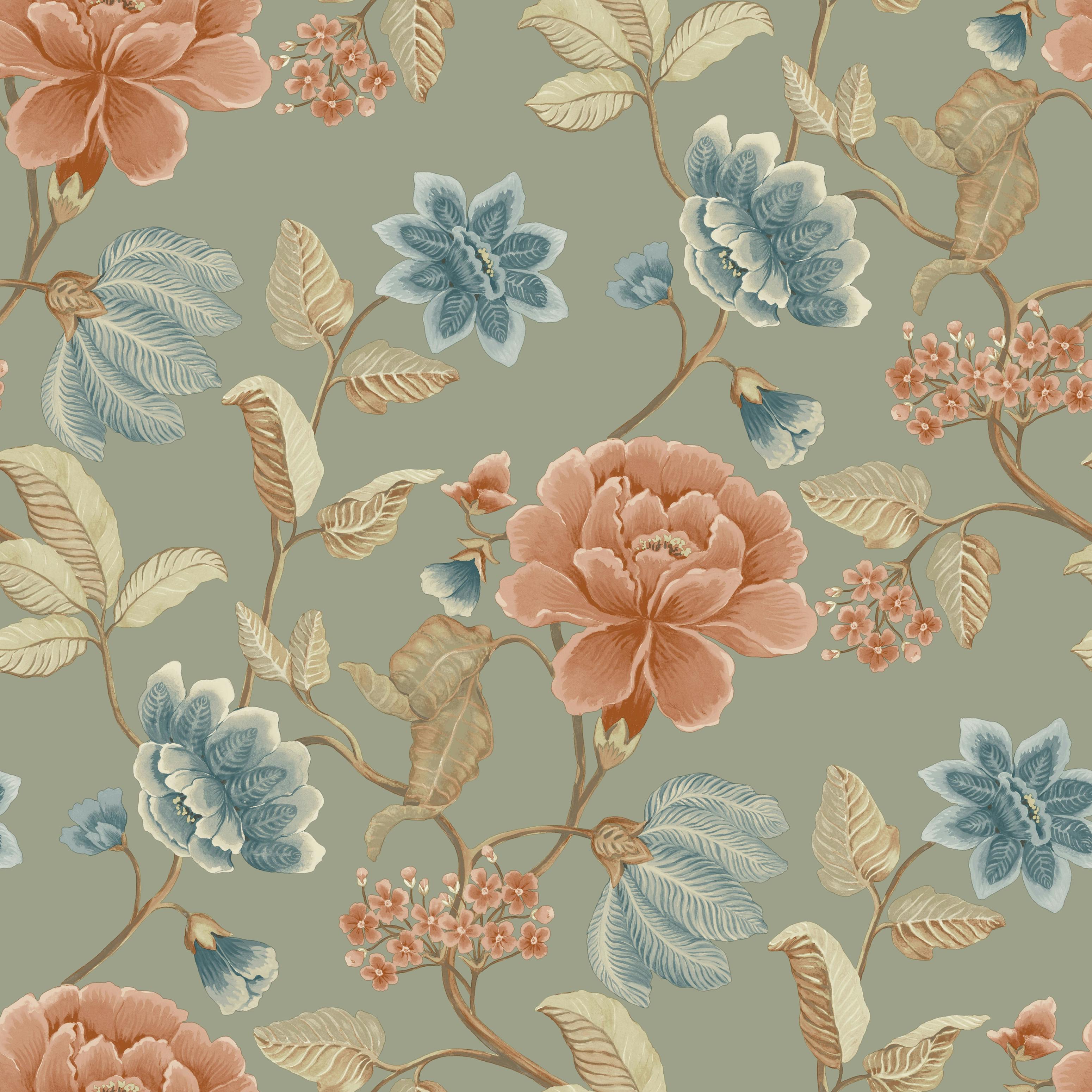 B&Q -  Celica Camellia Bloom Floral Trail Textured WallpaperGreen - Image 3