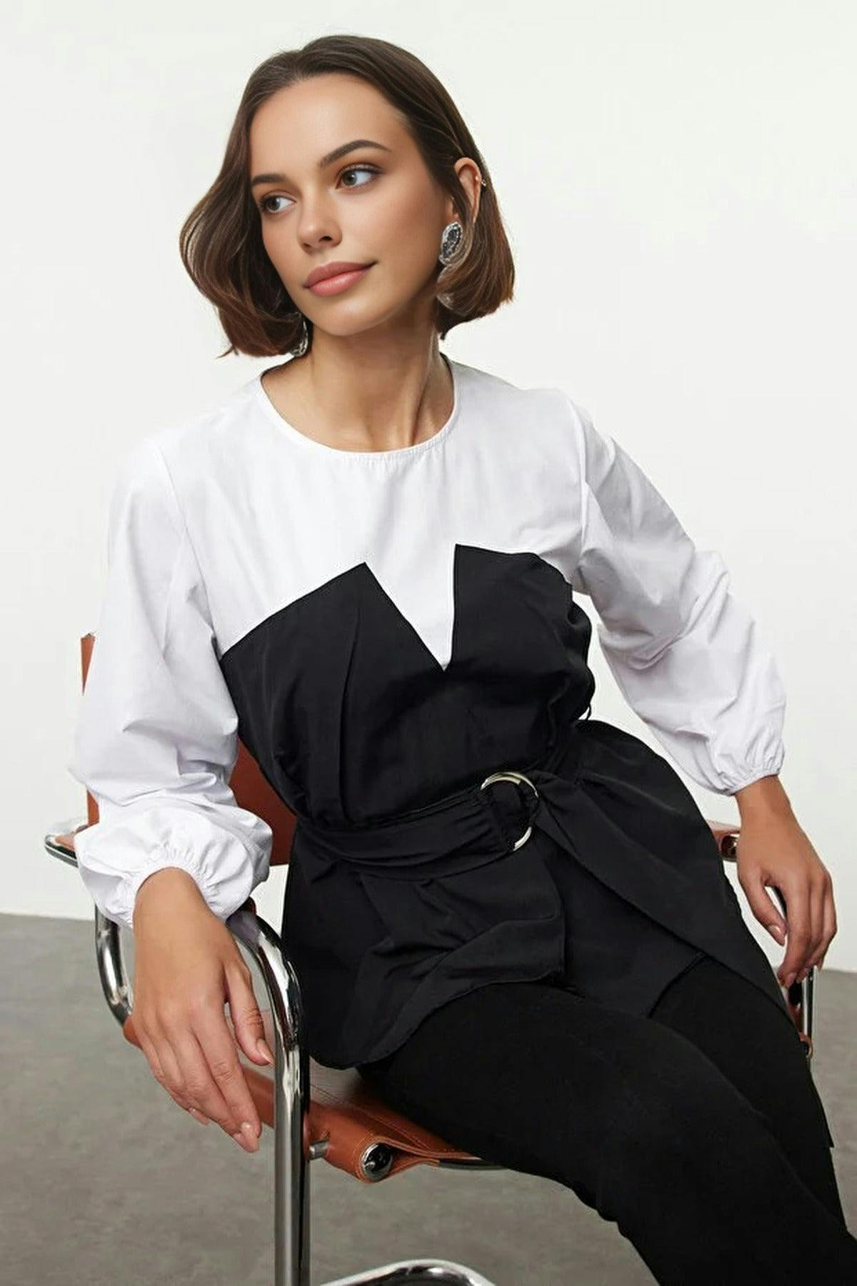 Wovcor Balloon Sleeve Belted Woven Blouse - Multi - 14