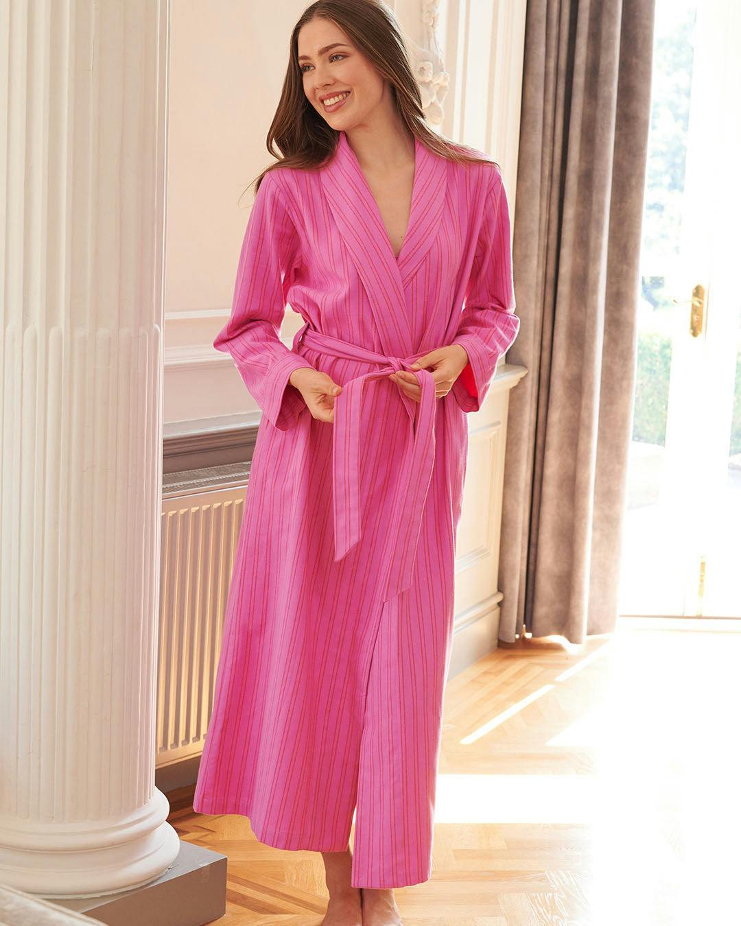 British Boxers Women's Brushed Cotton Dressing Gown – Westwood Raspberry Stripe - Small