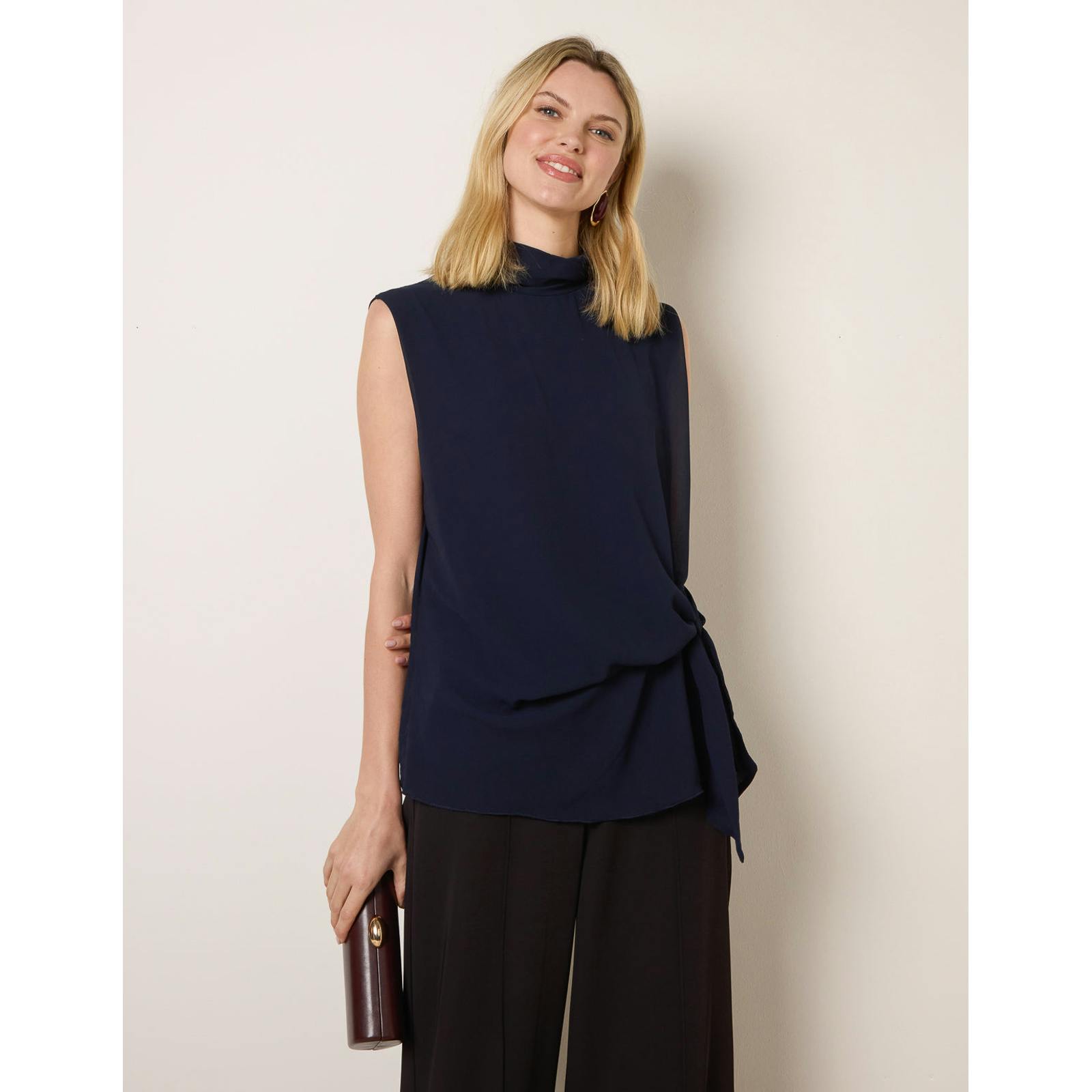 Blue Vanilla Sleeveless Cowl Tie Front Chiffon Blouse - M-L - Navy