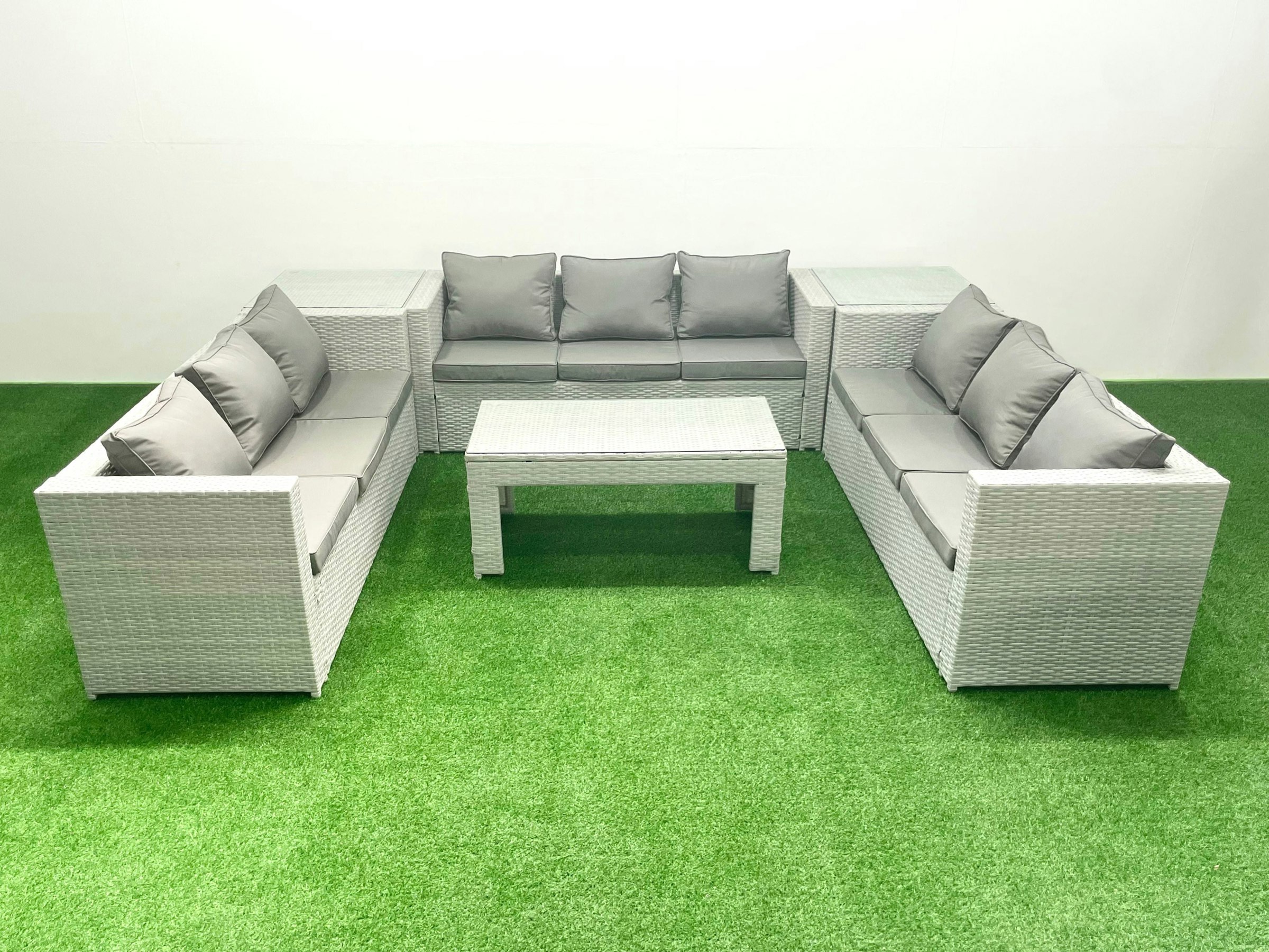 Rackhams Light/Grey Rattan Garden Outdoor Furniture Set 9 Seater Garden Sofa Oblong Coffee Table Set With 2 Side Tables Mixed