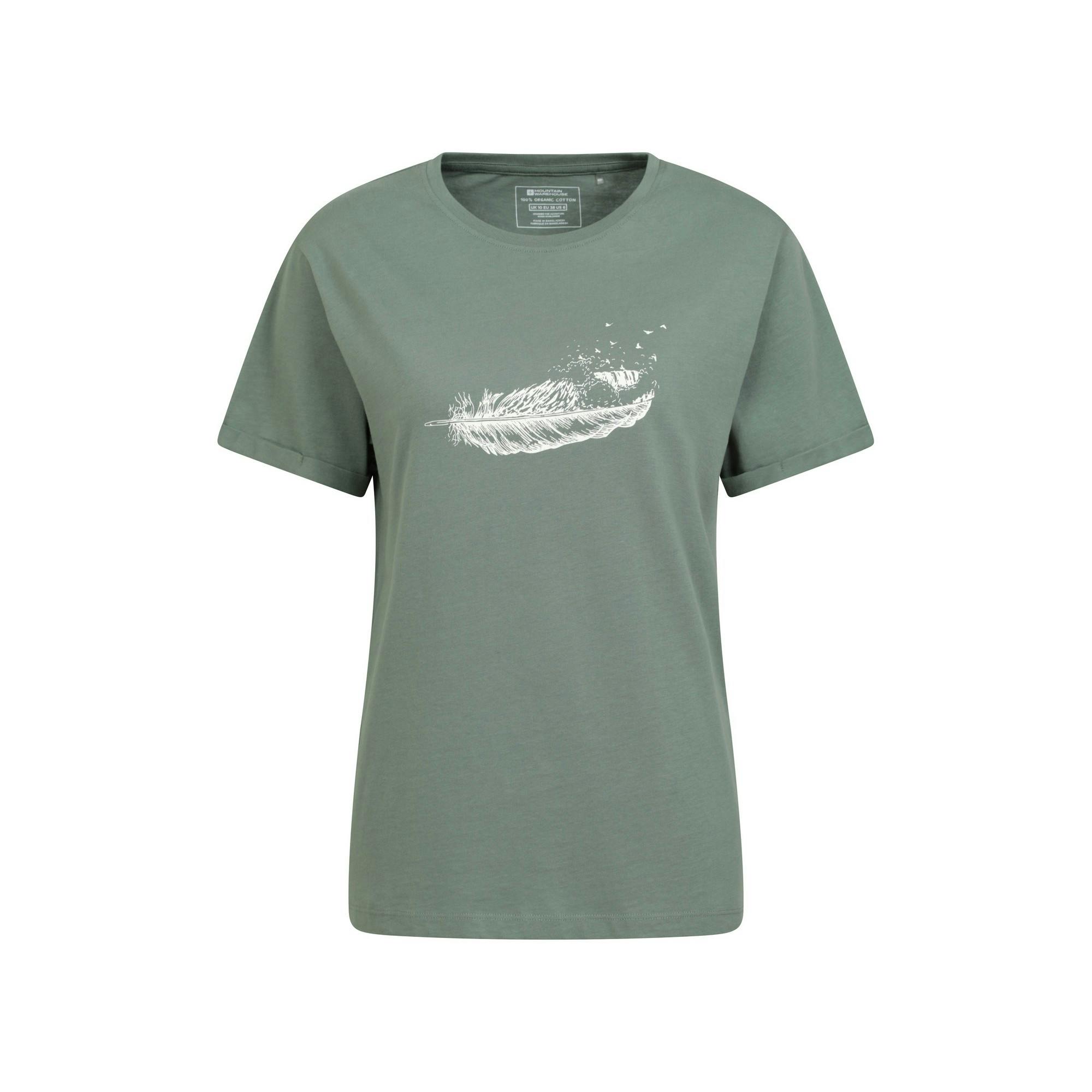 Mountain Warehouse Women's Green Wave Feather Organic Loose T-Shirt - Khaki - 12 Uk - Khaki - 100% Organic Cotton