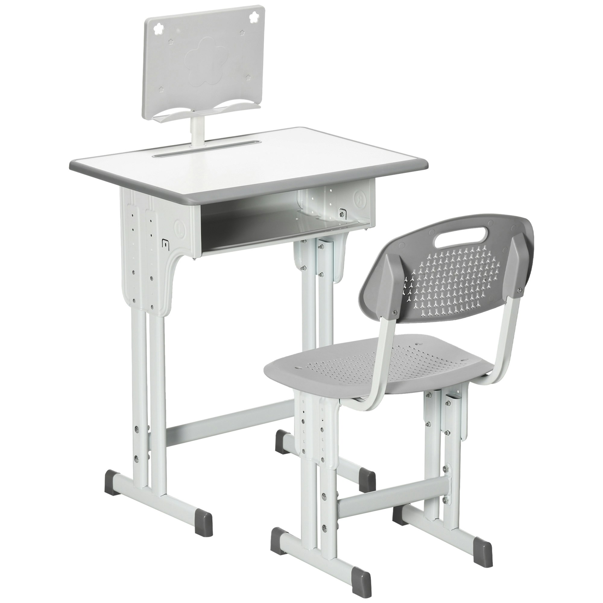 Rackhams Grey Kids Desk And Chair Set Adjustable Height Study Table Set W/ Drawer, Book Stand, Pen Slot