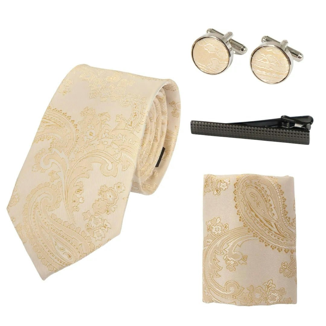 Paul Andrew Cream Paisley Neck Tie Gift Set Pocket Square Cuff Links Floral Satin