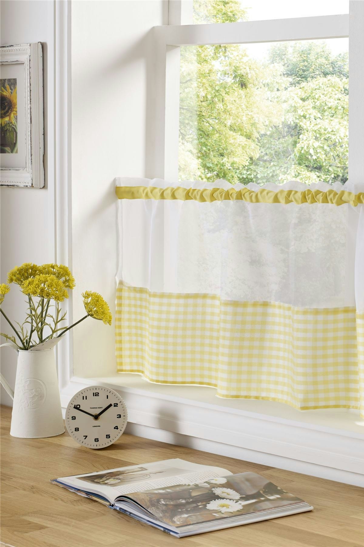 Rackhams Yellow Gingham Checked Kitchen Voile Curtain Café Panels - 24"