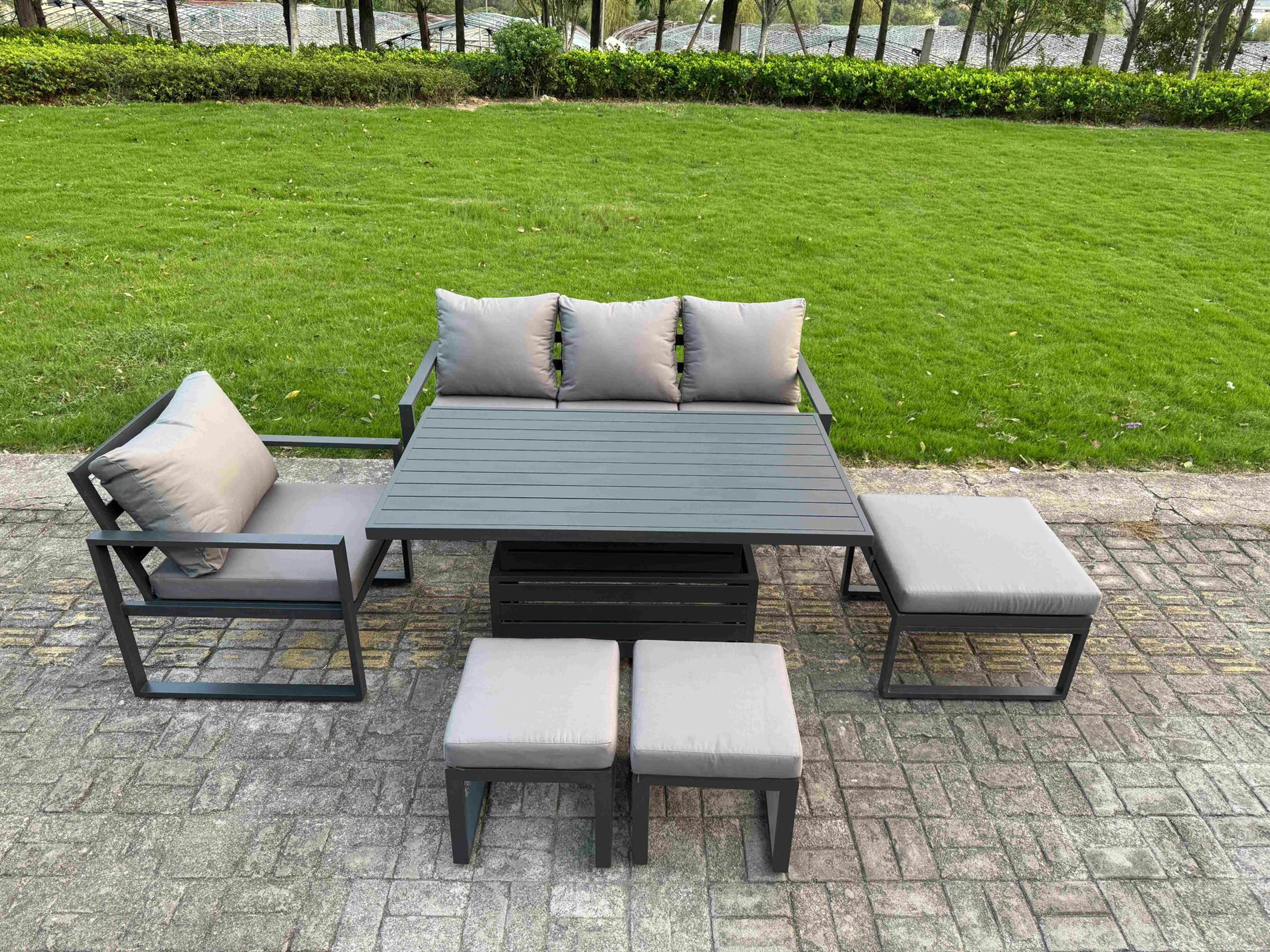 Rackhams Dark/Grey 7 Seater Aluminium Outdoor Dining Set With Adjustable Rising Dining Table Chairs With 3 Footstools