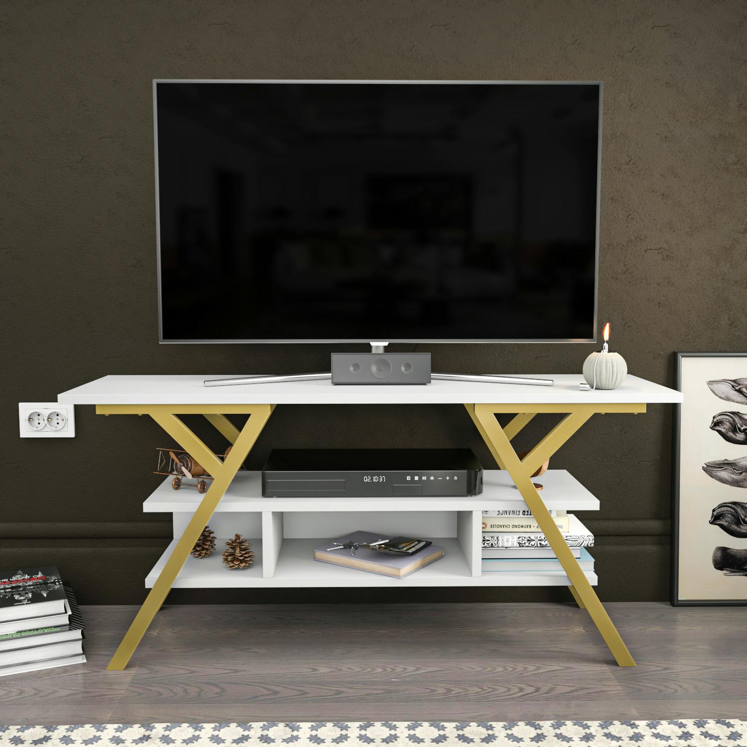 Rackhams Gold/White Minerva Modern Tv Stand Tv Cabinet For Tv's Up To 55"