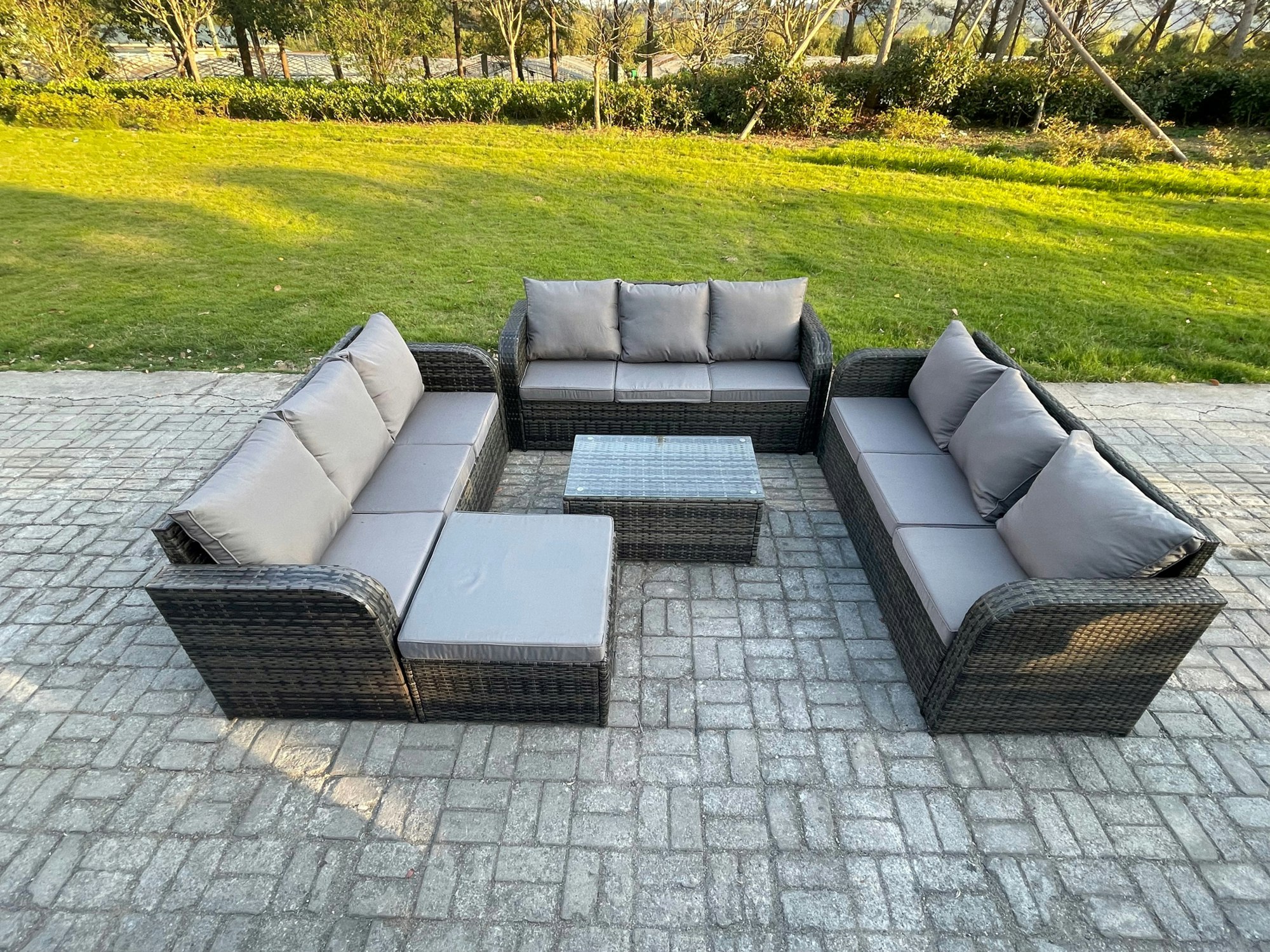 Rackhams Dark/Grey Rattan Lounge Sofa Set 10 Seater Outdoor Garden Furniture Set With Rectangular Coffee Table 3 Seater Sofa Big Footstool Mixed