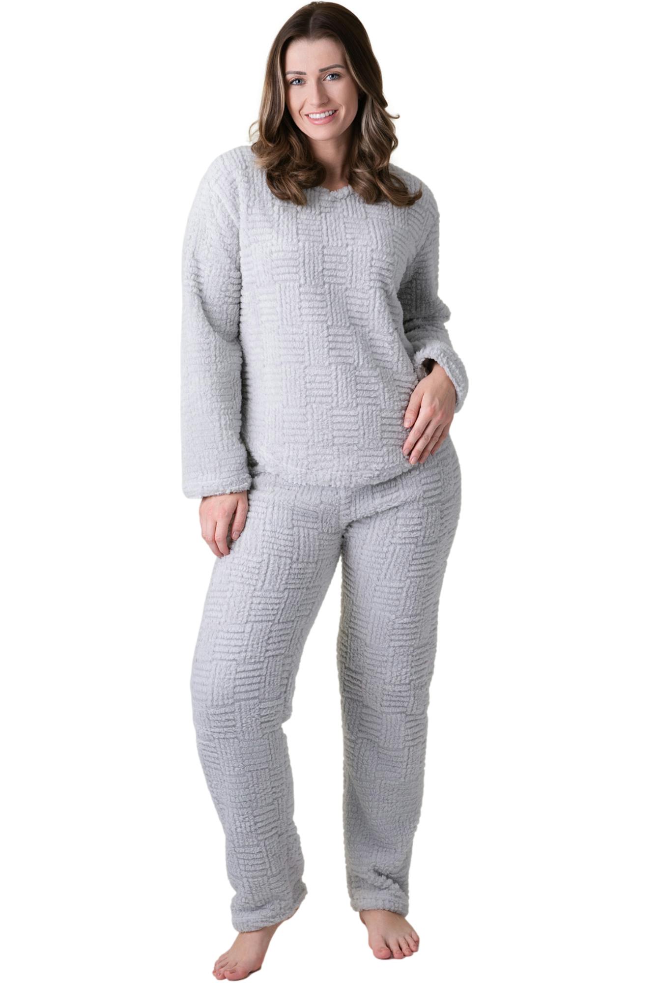 Camille Women's Grey Supersoft Nude Textured Fleece Pyjamas With A Woven Pattern & Rope Detailing - 10-12