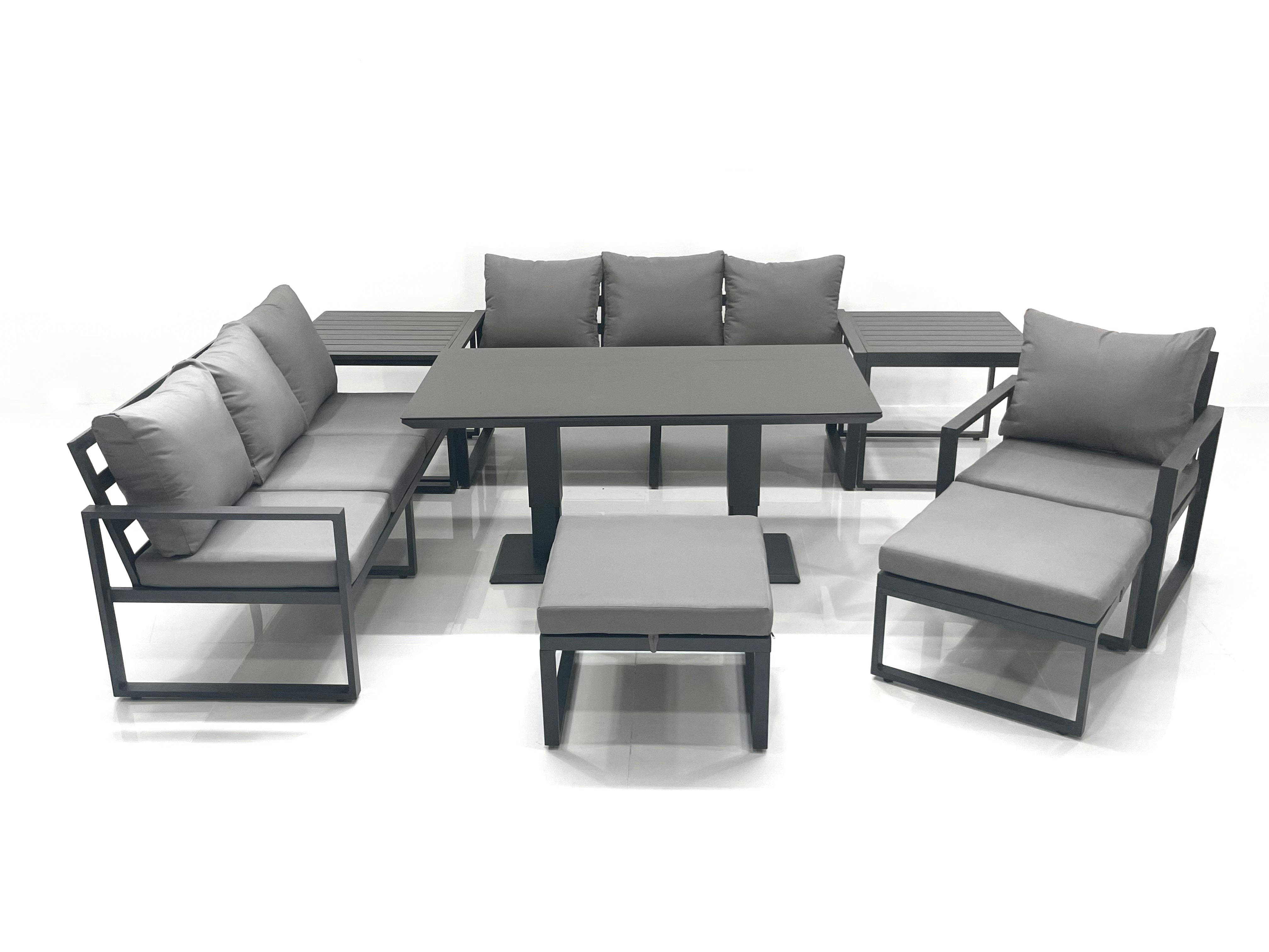 Rackhams Dark/Grey Outdoor Garden Furniture Set Aluminium Lounge Sofa Adjustable Rising Lifting Dining Table Sets With 2 Big Footstools 2 Side Tables