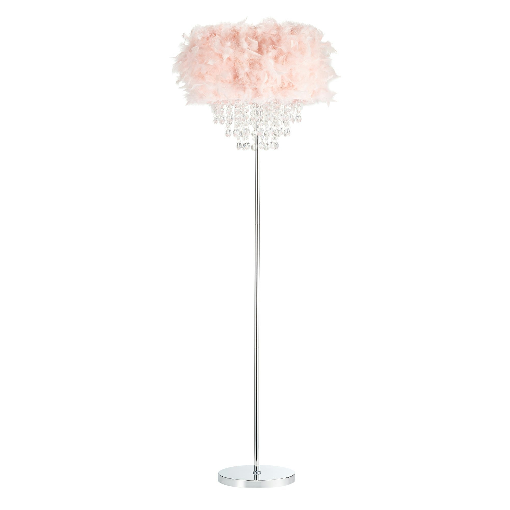 Happy Homewares Pink Modern Chandelier Style Feather Floor Lamp With Waterfall Acrylic Droplets 145Cm