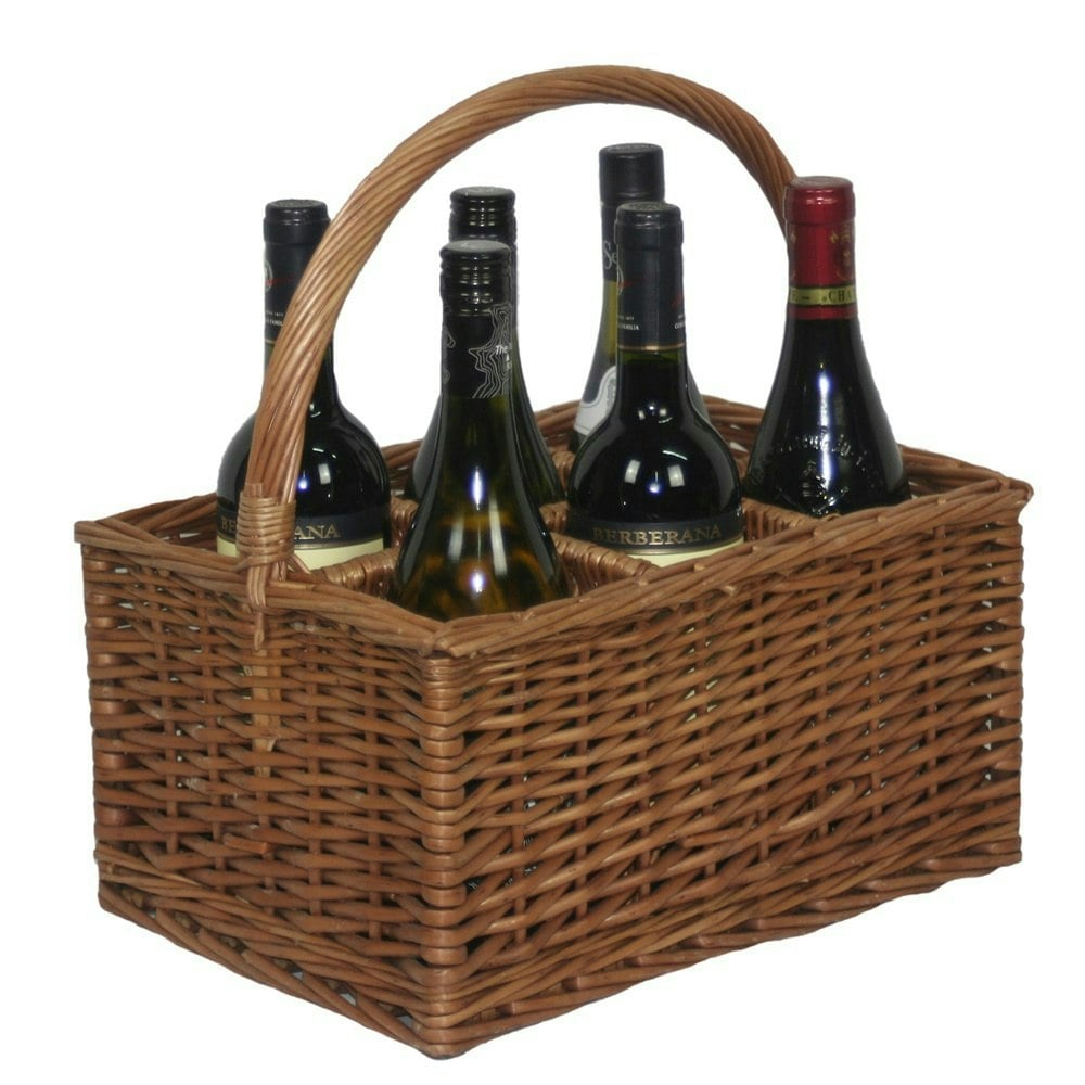 Red Hamper Red/Brown Hamper Wicker Double Steamed 6 Bottle Carrier Drinks Basket - 6 Bottle