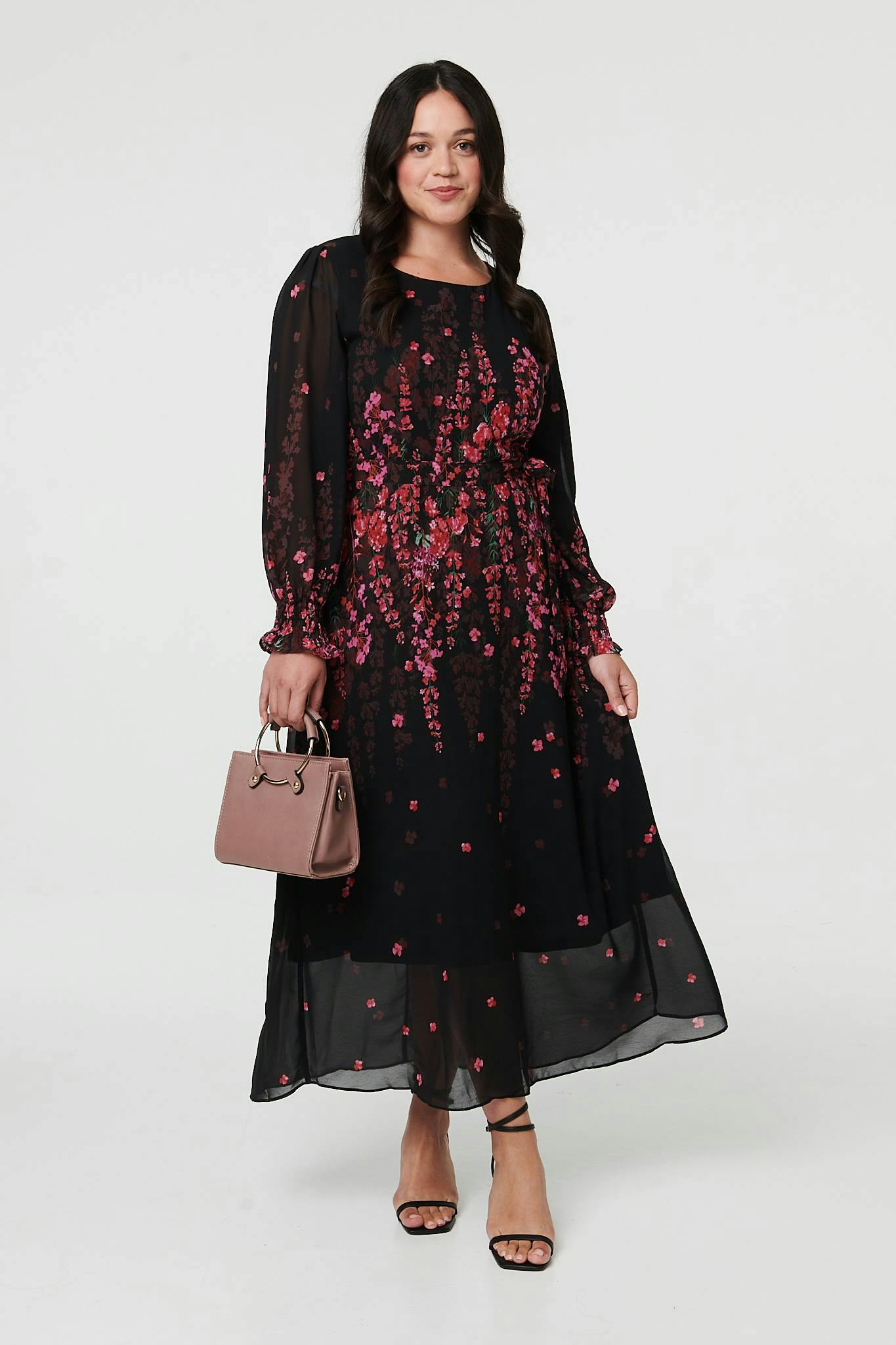 Izabel London Black Curve Floral Tie Waist Layer Maxi Dress - 20