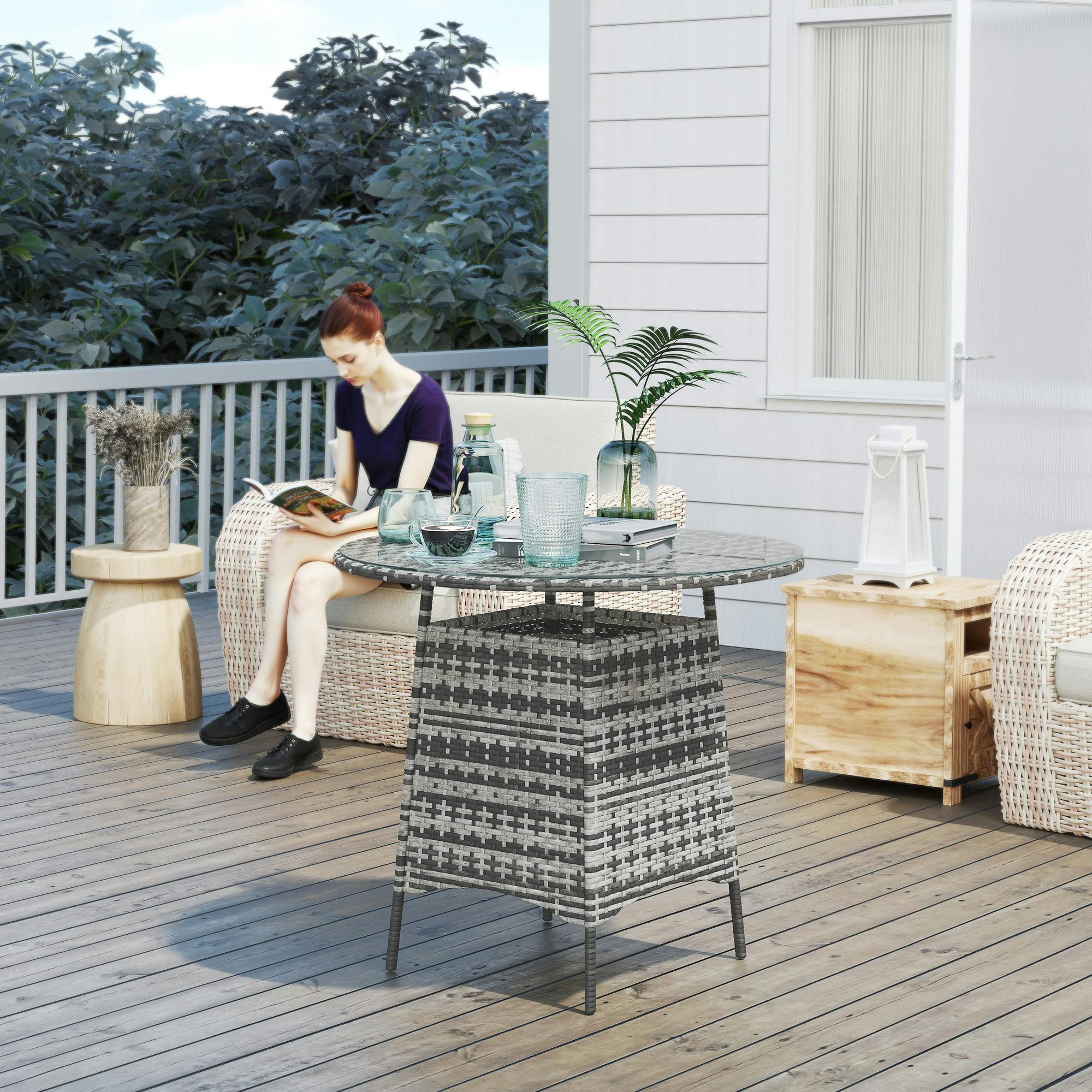 Outsunny Brown Patio Furniture Rattan Garden Table With Umbrella Hole,