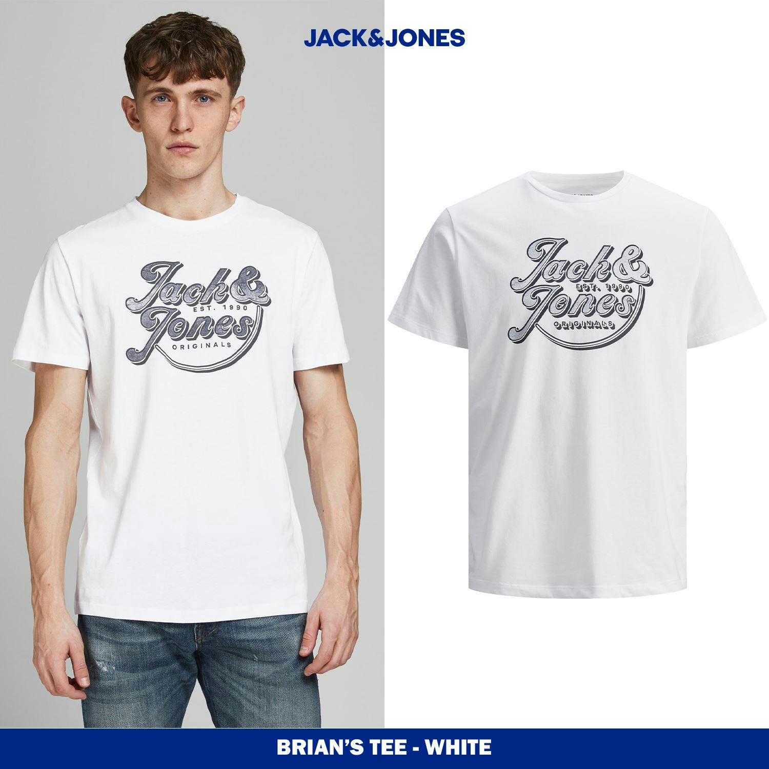 Jack & Jones Men's White Classic Logo T-Shirt Stretchy & Soft Regular Fit, - Xs