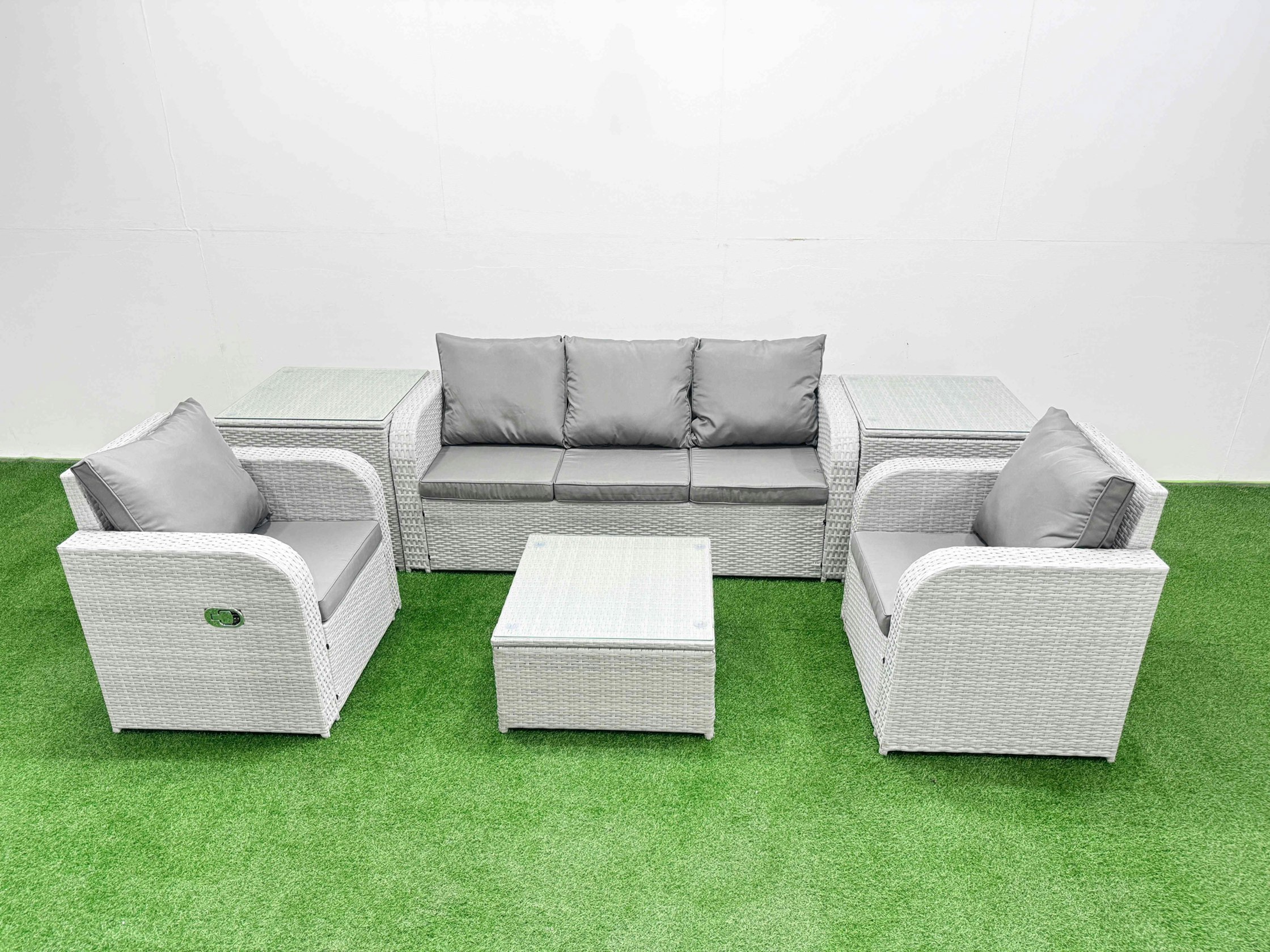 Rackhams Light/Grey Pe Rattan Garden Furniture Set Reclining Chair Sofa Lounge Sofa Set Square Coffee Table 2 Side Table