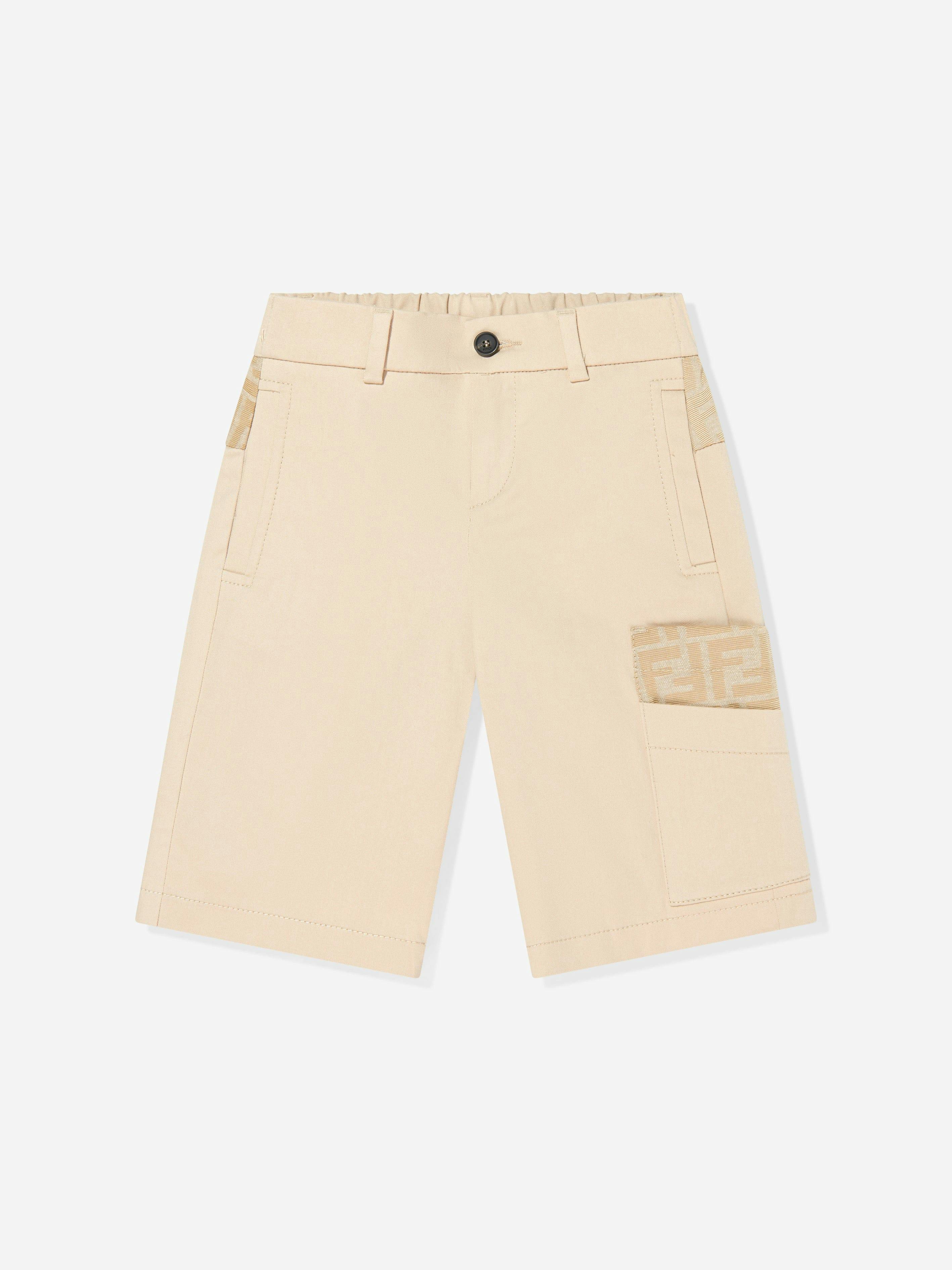 Fendi Kids Boys Beige Fendi Ff Pocket Gabardine Shorts In - 14 Yrs