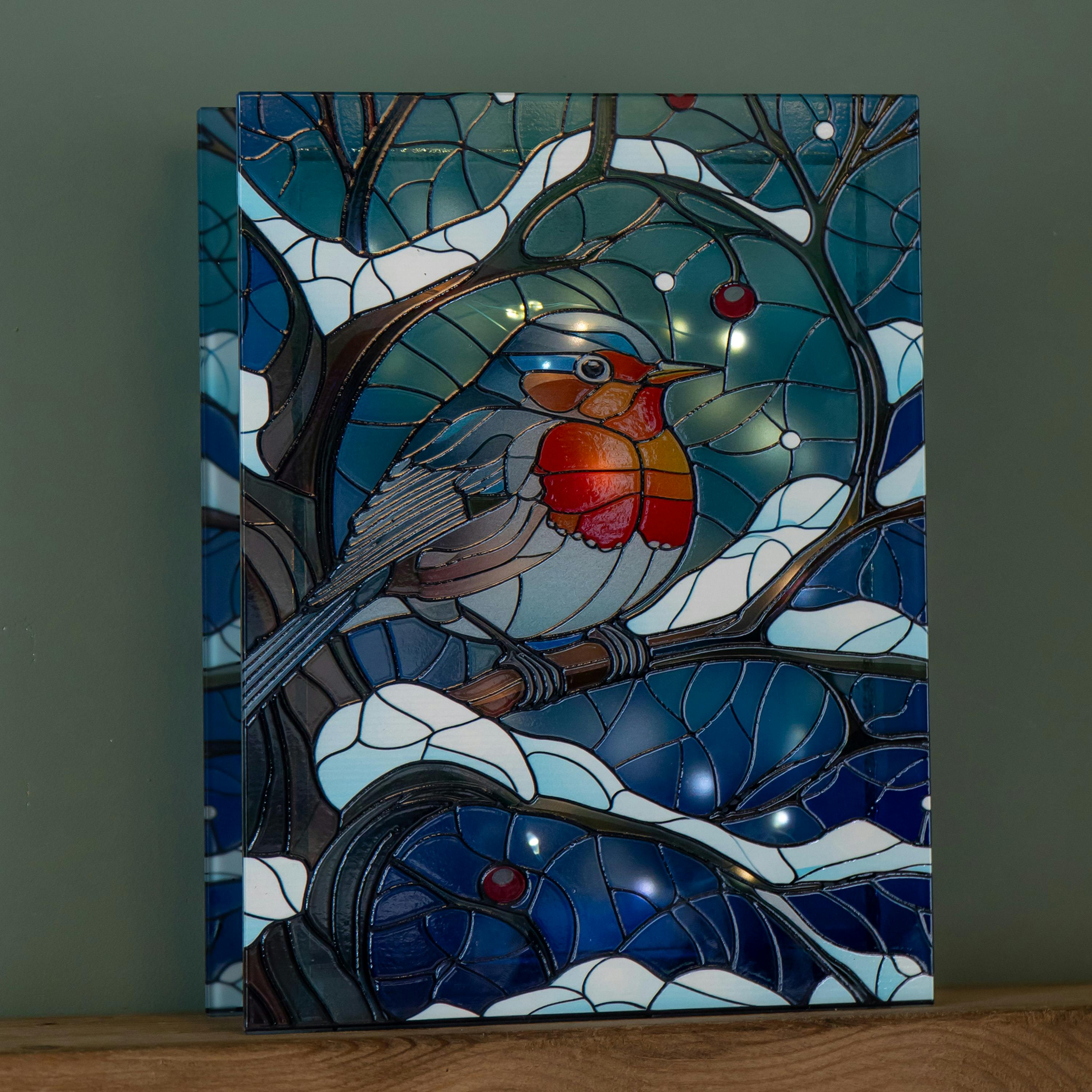 Rackhams Light/White 28Cm Battery Powered Up Stained Glass Christmas Decoration With Robin & Warm Leds